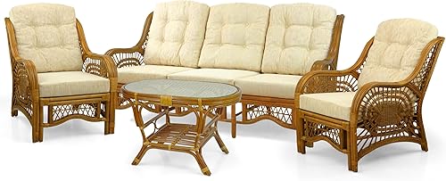 Miniatura 2 de Malibu Lounge Juego de 4 2 sillas de mimbre de ratán natural, sofá de tres plazas con cojines y mesa de centro con vidrio hecho a mano, colonial