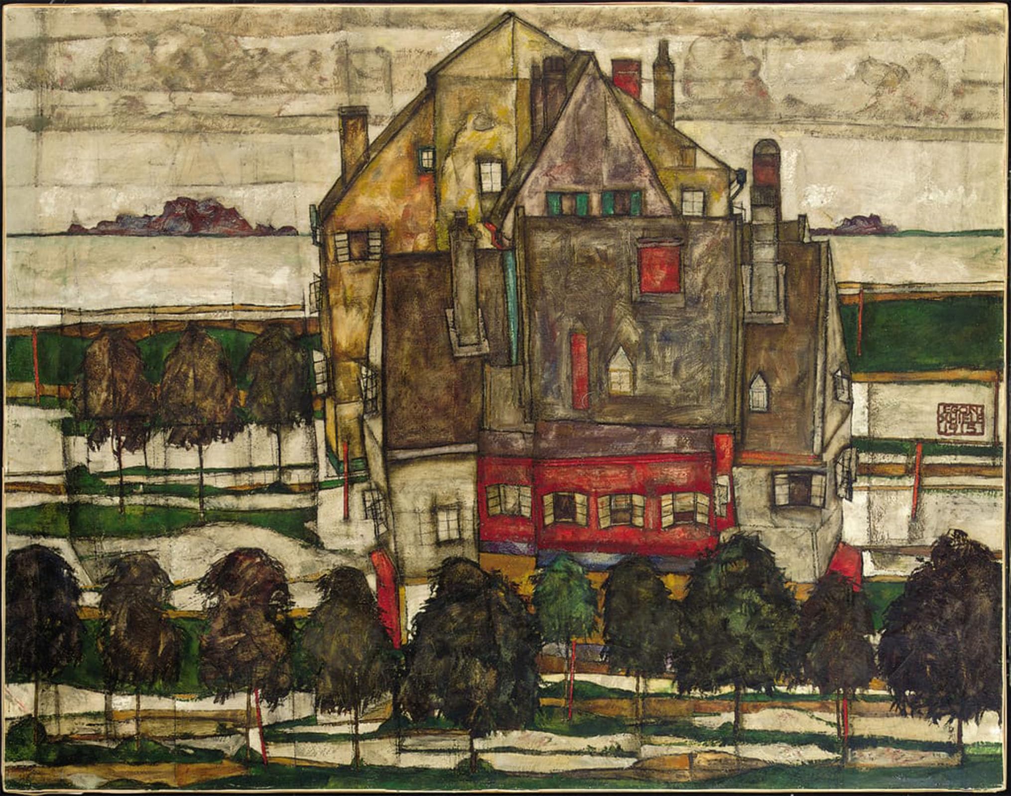 SERENDIPITP Vintage Picture Print on Canvas Wall Art Poster Single Houses Houses with Mountain by Egon Schiele Artwork Print Poster for Wall Decor 60x90cm
