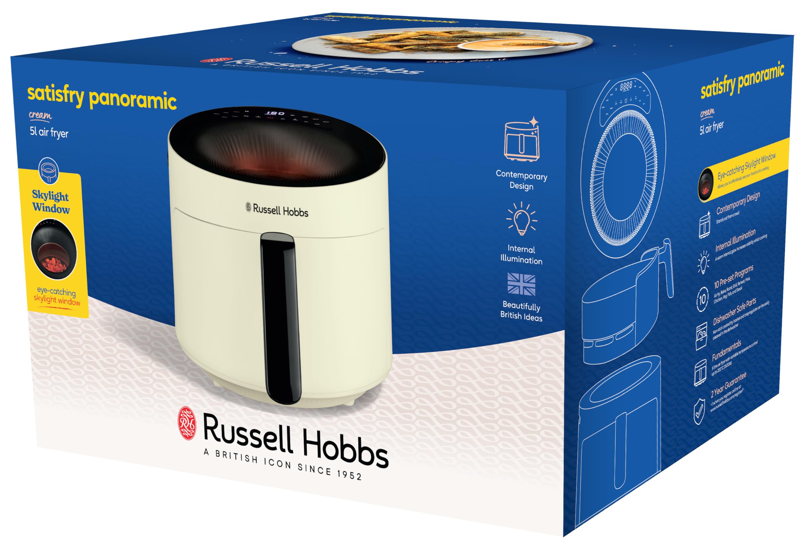 Russell Hobbs Friggitrice ad aria Panoramica, 5 L,no olio, 10 programmi di cottura, lavabile in lavastoviglie, friggere, grigliare, cuocere al forno, 200°C, Crema, 27421-56