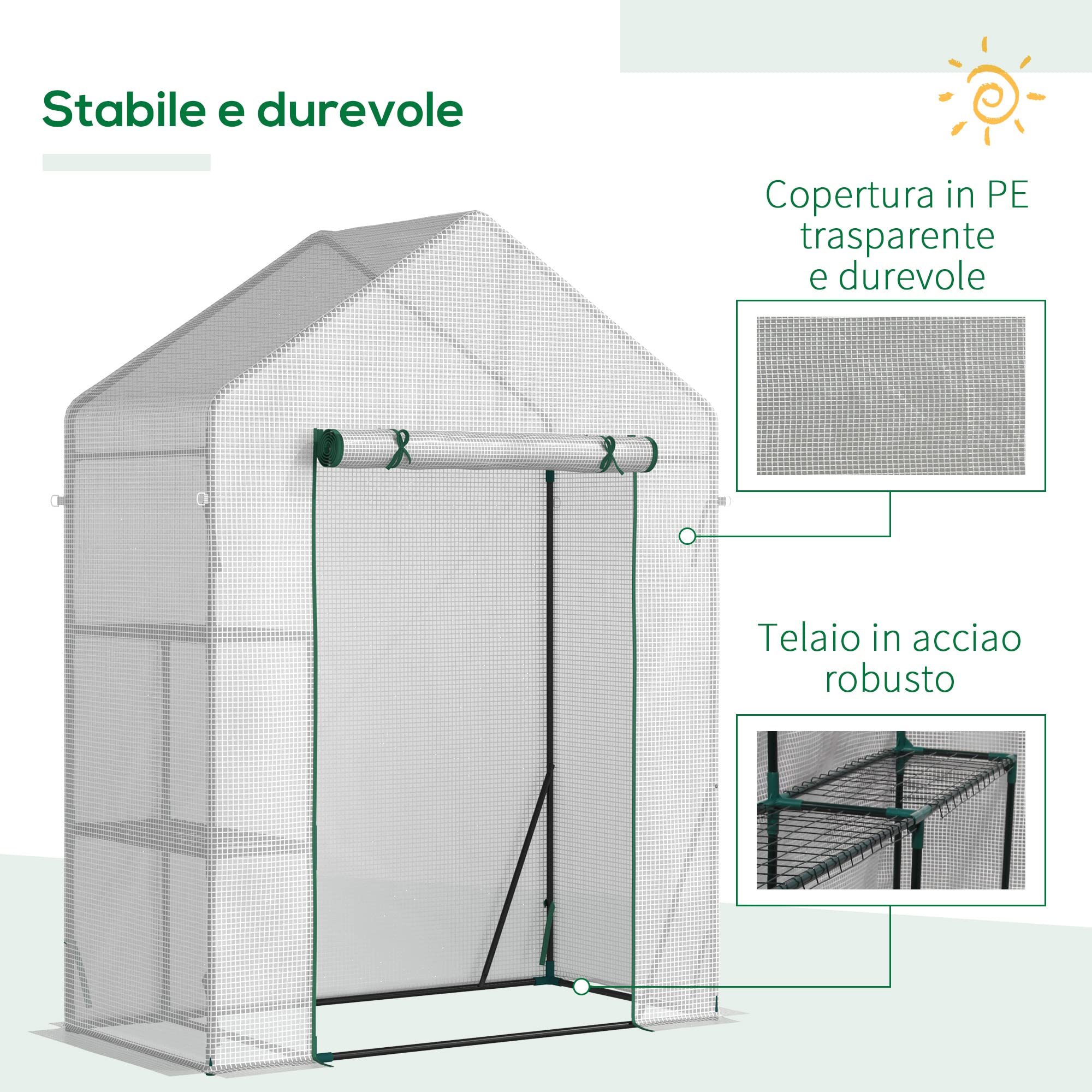 Outsunny Serra da Giardino in Acciaio e Copertura PE, Serra per Piante con 2 Scaffali e Porta Avvolgibile, 143x73x195cm, Bianco