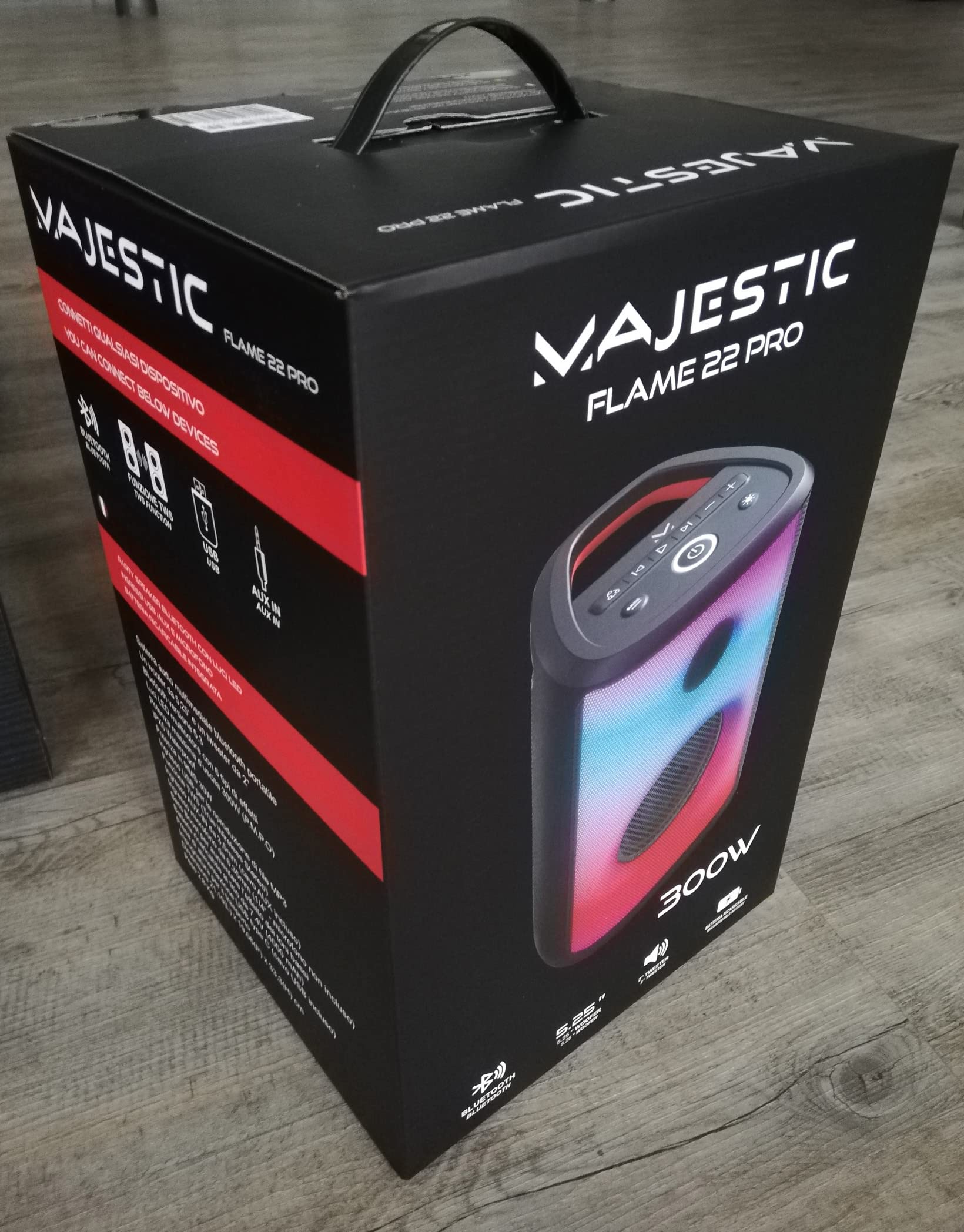 Majestic FLAME 22 PRO – Speaker bluetooth 5.3, 6 effetti luci LED, ingressi USB/AUX-IN/MIC, Batteria ricaricabile, funzione TWS, Impugnatura per il trasporto