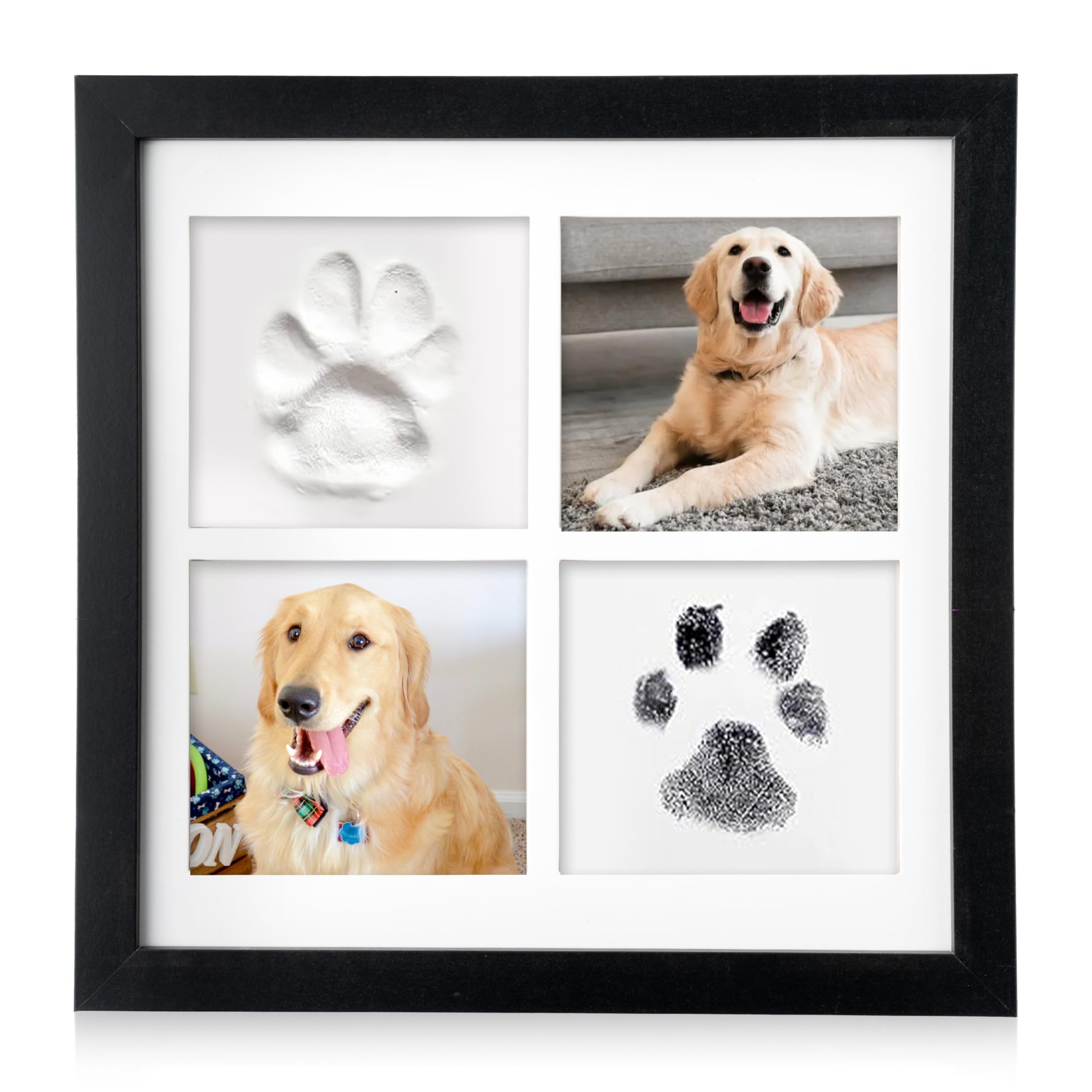 GoaePode Pets Paw Memorial Frame - 9Pcs Paw Print Keepsake Photo Frame Kit with Clay Imprint Kit, Inkless Stamp Pad Making Kit for Dogs Cats 4 Grid Photo Display, Pet Owner Gift, Wall Hanging & Stand
