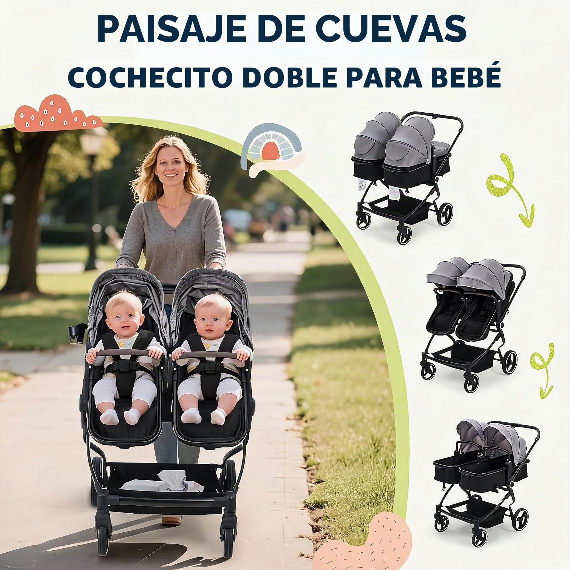 Silla Gemelar de Paseo Ligero con Asiento Reversible, Asiento Ajustable, Cochecito Bebé con Moisés y Parasol, Arnés de 5 Puntos y Freno de Pie, Plegable, Marco de Aleación de Aluminio, Máxima 30 kg