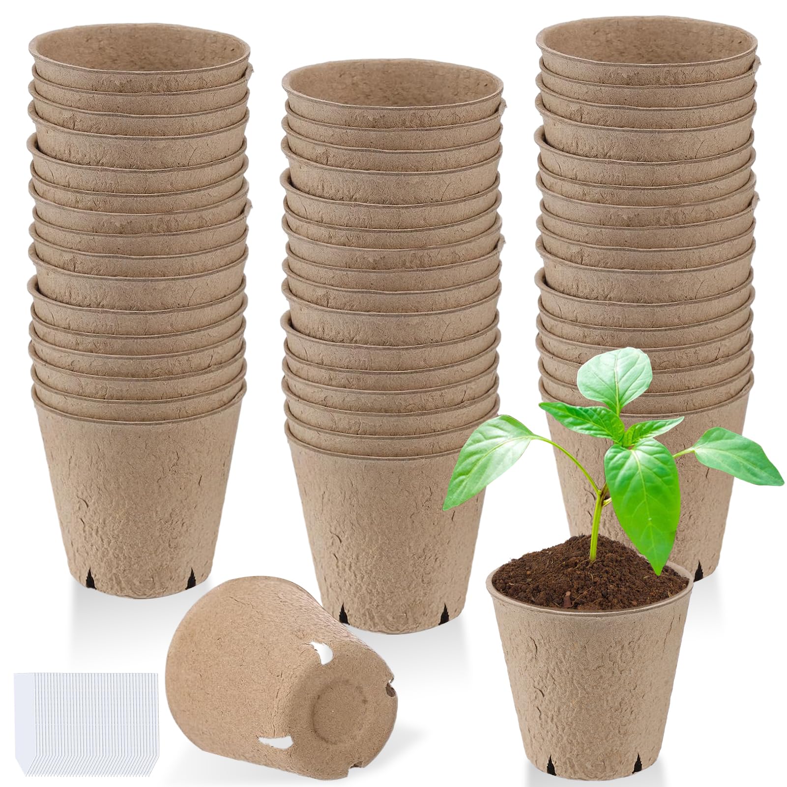 Cosweet 3.2" Biodegradable Peat Pots with Drainage Holes - 50 Pcs Thickened Round Plant Pots, Seedling Starters Kit with 100 Plant Markers for Seed Germination