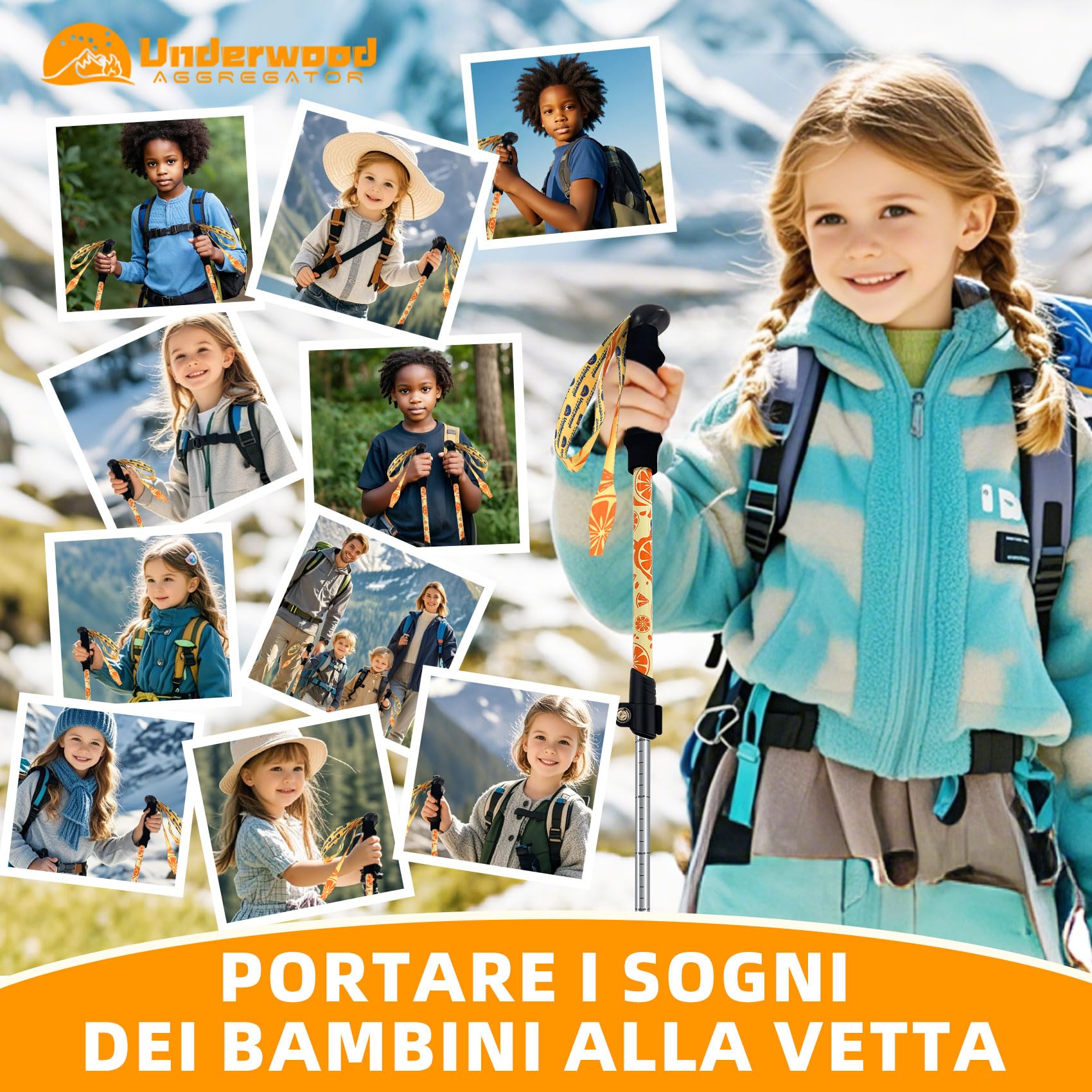 Bastoncini da Trekking Pieghevoli per Bambini - 2 Bastoncini Regolabili Leggeri, Bastoni in Alluminio Pieghevoli per Bambini, Design Retrattile per Escursionismo/Sci (6-12 Anni)
