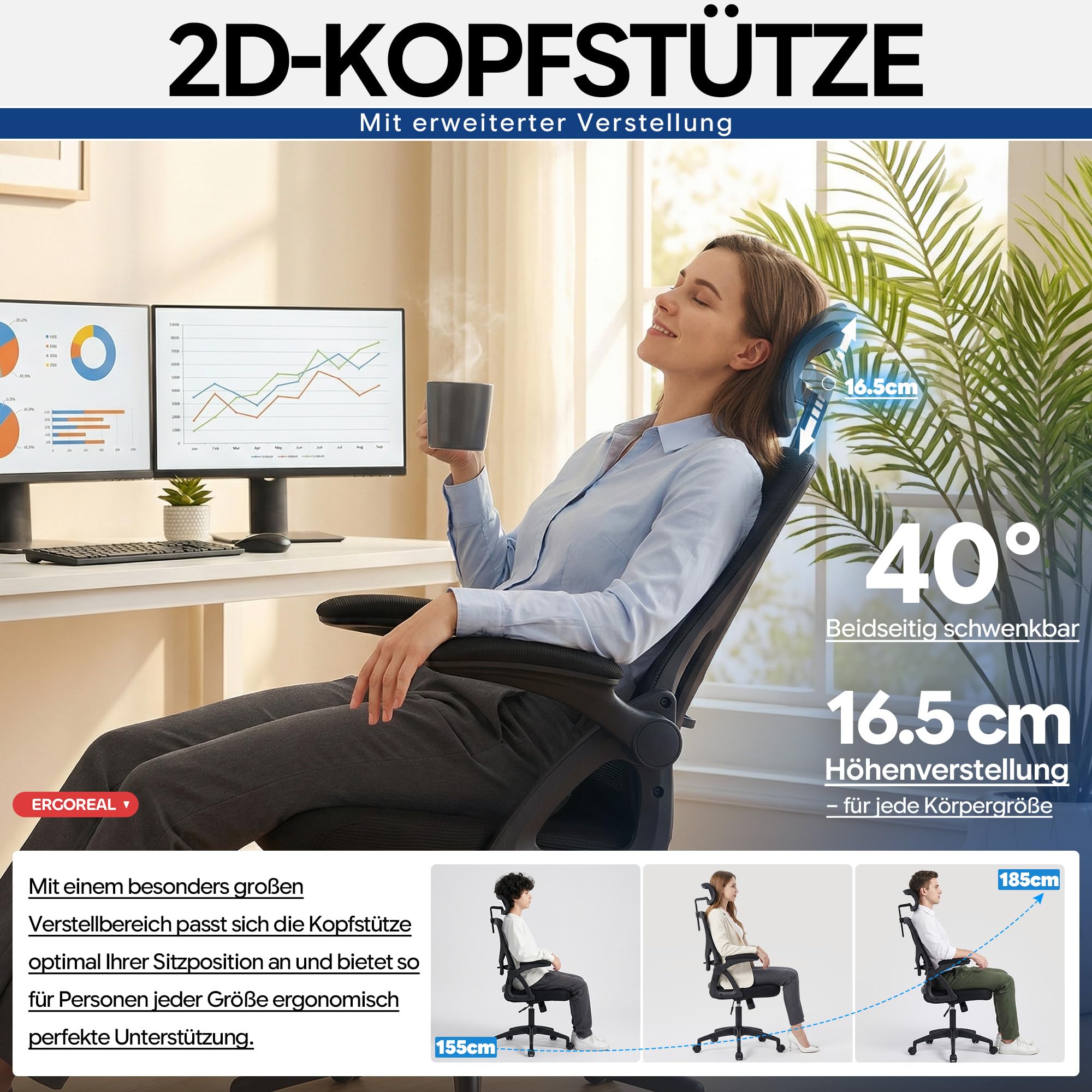 Ergoreal Ergonomischer Mesh‑Bürostuhl für Home Office, mit Verstellbarer Lendenstütze & 2D‑Kopfstütze, klappbare Armlehnen, leise PU‑Rollen, stabile Gasfeder Klasse 3, bis 140 kg(Tiefe Schwarz) - 3