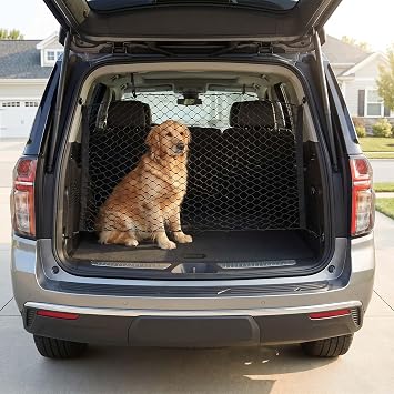 Dog Guard for Car Boot, 110x60cm Adjustable Car Dog Guard Barrier Net with 4 Hooks, 4 Buckles and 4 Screws, Universal Pet Divider Car Boot Protector for SUV, Truck and Sedan Back Seat