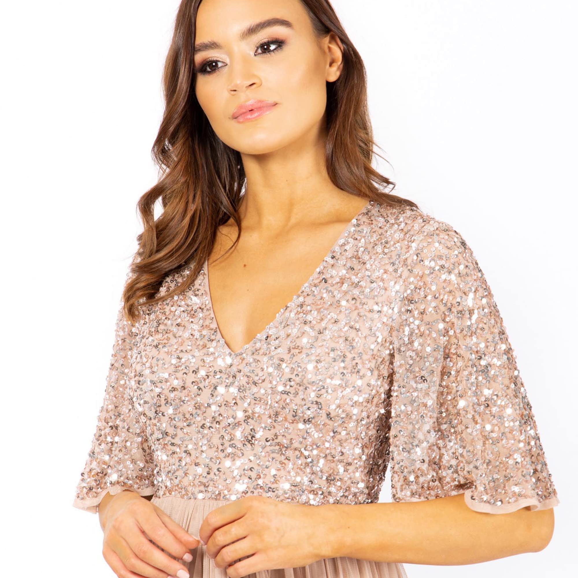 Maya Deluxe Damen Midi Abendkleid Cocktailkleid Abschlussball V-Ausschnitt Kurze Ärmel Tüllkleid Elegant für Hochzeit