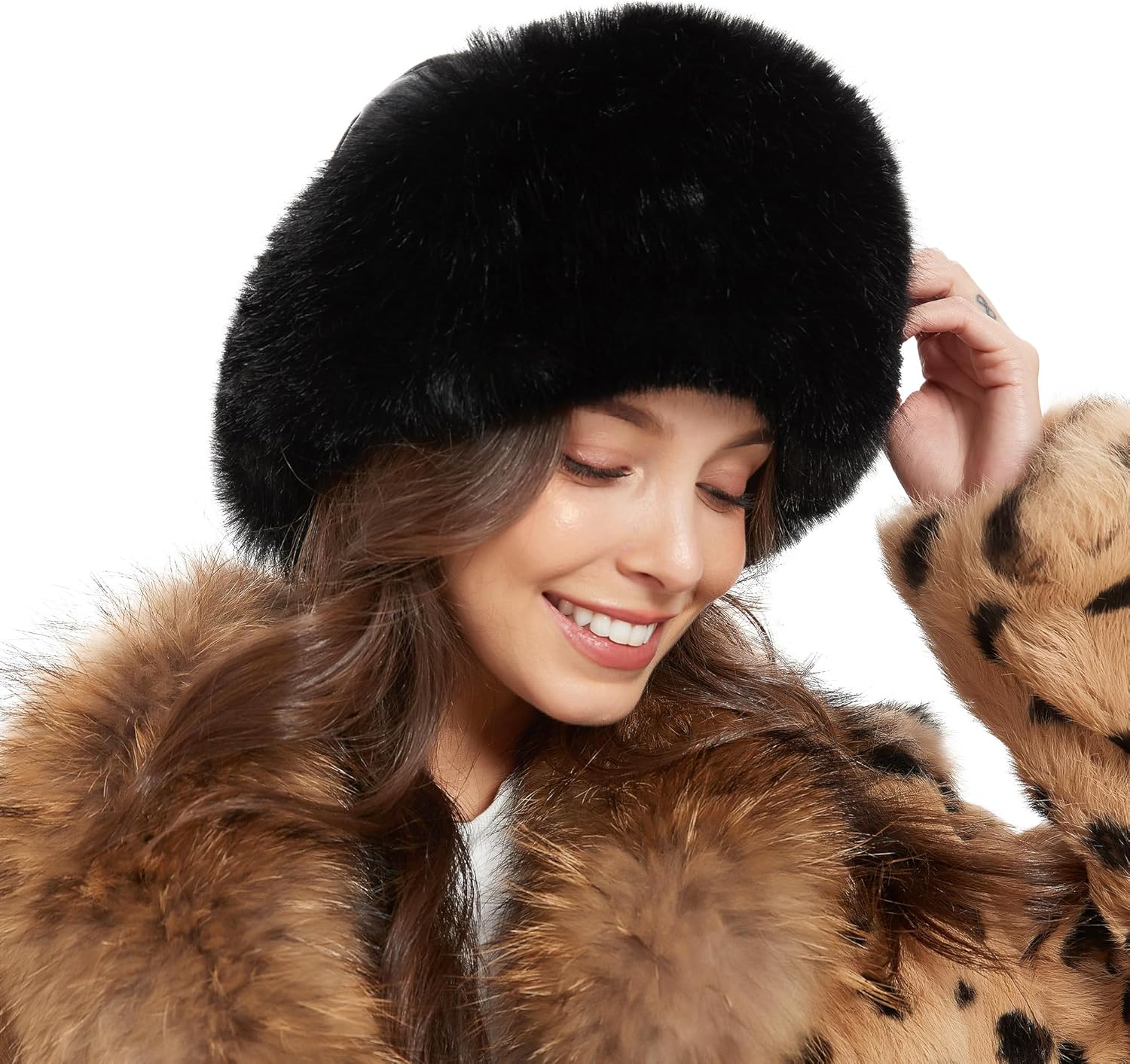 Winter Faux Fur and Leather Skullies Beanie Hat for Women Fluffy Bucket Hat Snow Cap