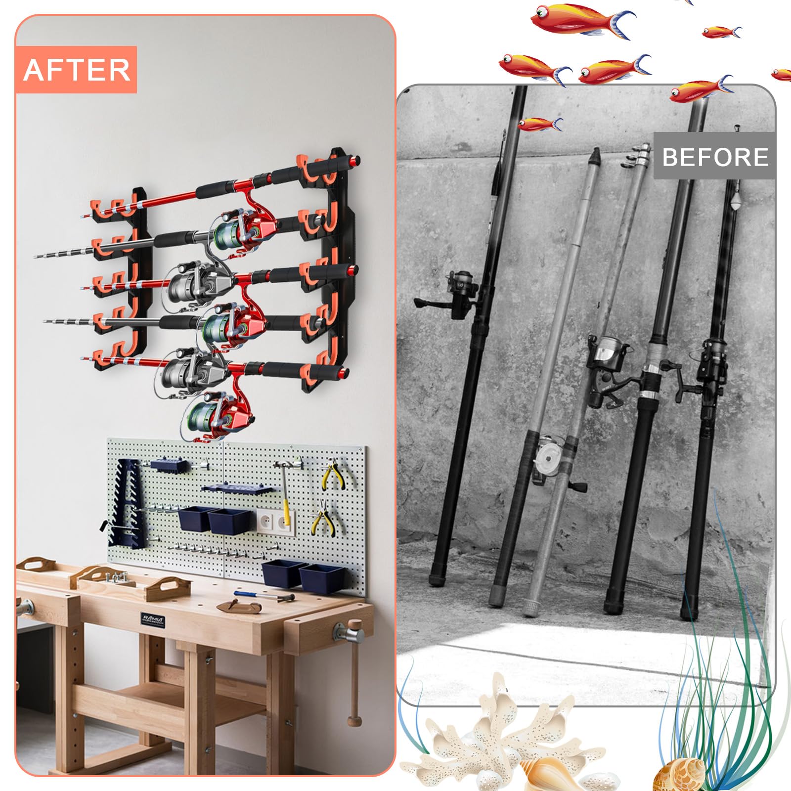 Support Canne a Peche Mural, Rangement Canne a Peche pour Garage, Cadeaux D'équipement de Pêche pour Hommes, Es Bietet Platz für 10 Angelruten, Montage Mural/Montage au Plafond