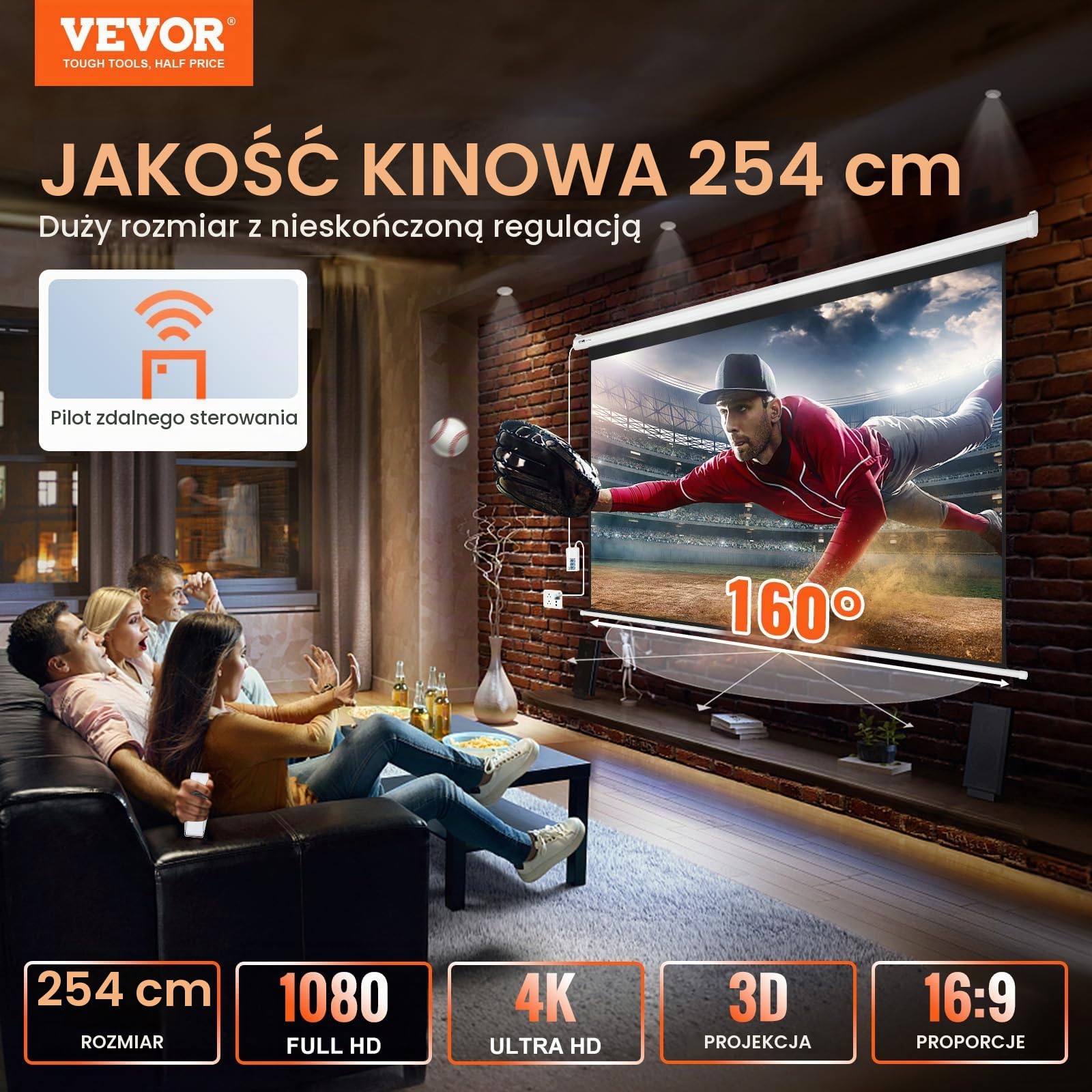 VEVOR Profesjonalne płótno do projektora 16:9 2465 x 80 x 1620 mm, programowalny pilot zdalnego sterowania, rzutnik elektryczny, ekran projekcyjny silnika, ekran projekcyjny, do kina domowego, biura