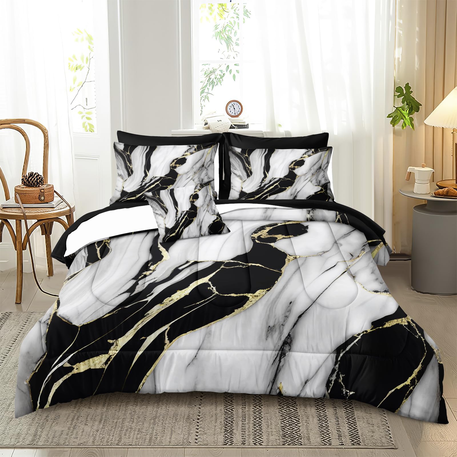 Photo 1 of **HAS MINOR DAMAGE*** Bedbay Marble Bedding Queen Size Black and Gold Comforter Set 8 Pcs Queen Bed in a Bag Gold Metallic Marble Print Luxury Bedding 1 Comforter 4 Pillowcases 1 Flat Sheet 1 Fitted Sheet 1 Cushion Cover