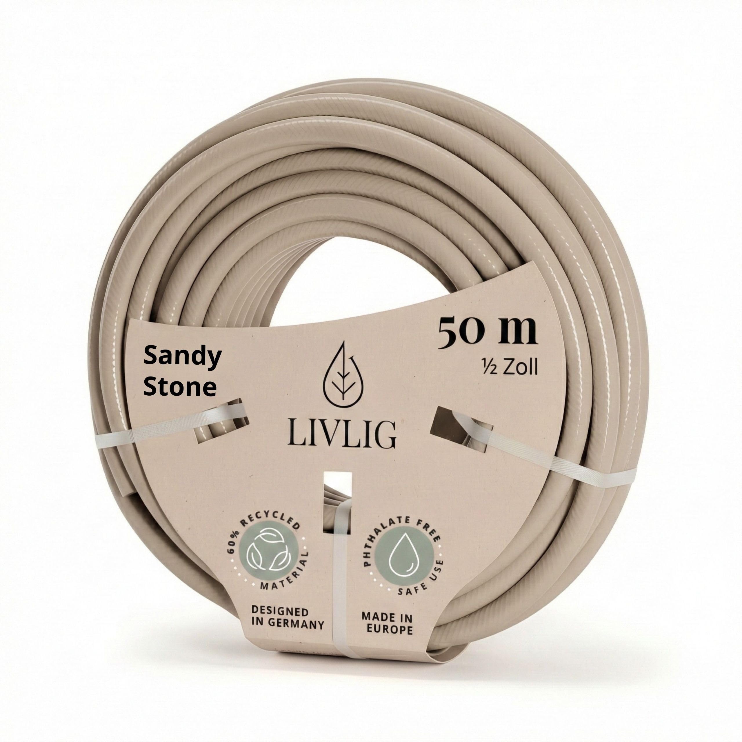 LIVLIG Gartenschlauch 50m, Flexibler Premium Wasserschlauch aus 60 Prozent Recyclingmaterial, UV beständig, knickfest, Design Gartenschlauch 1/2 Zoll, Beige