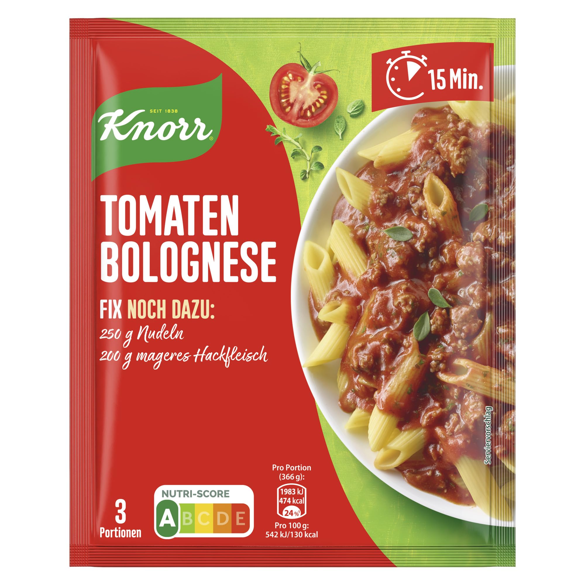Knorr Fix Würzmischung Tomaten Bolognese für ein leckeres Nudelgericht ohne geschmacksverstärkende Zusatzstoffe, ideal für Pasta & Spaghetti, 46 g 1 Stück