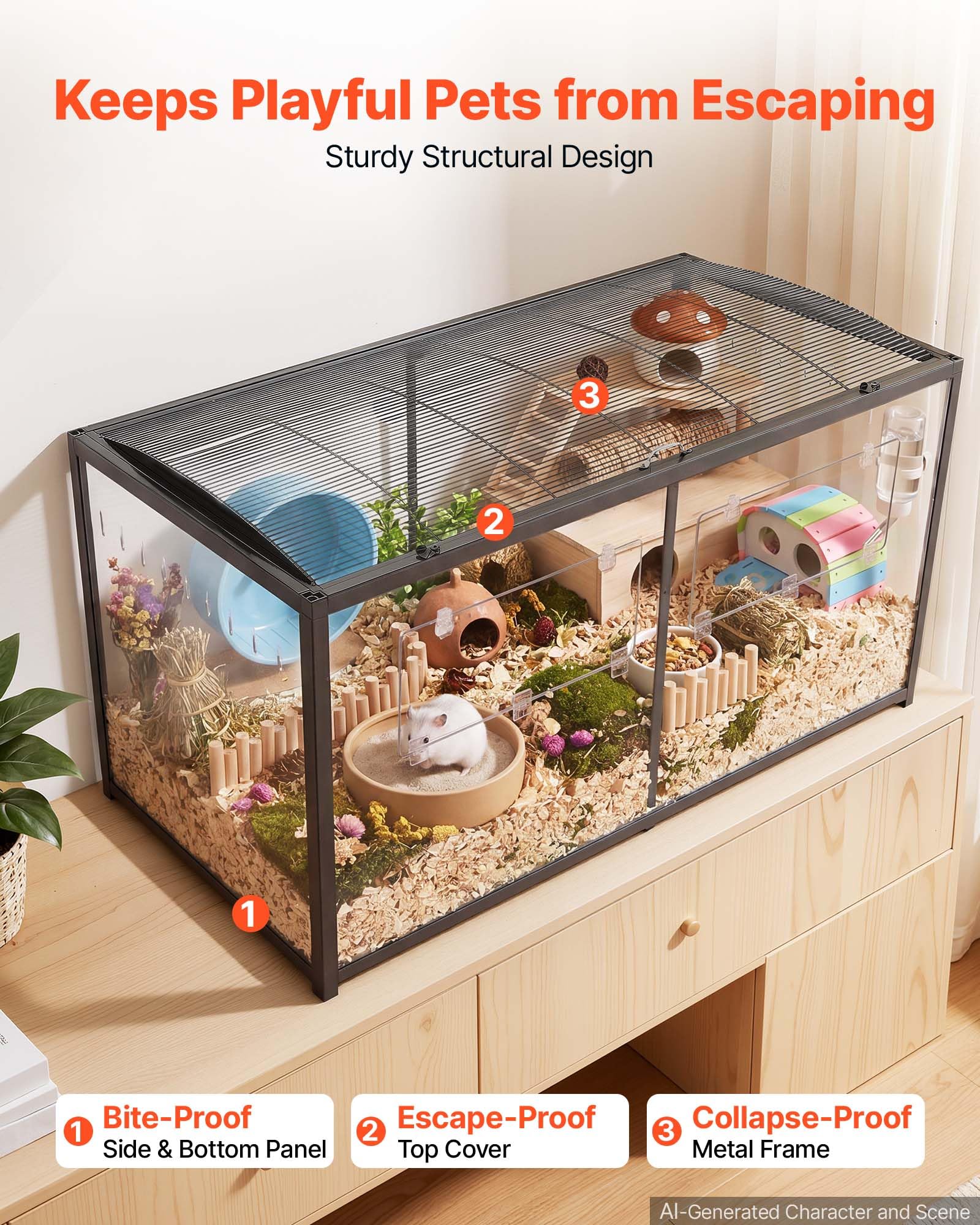 VEVOR Cage Hamster 120x60x64,5 cm 0,7 m² Habitat Rongeurs en Métal Vue 360° | Pour Gerbille, Cochon d'Inde, Petit Animal, Accès par Haut, Porte Frontale, Cadre Noir, Panneaux en Acrylique Transparent