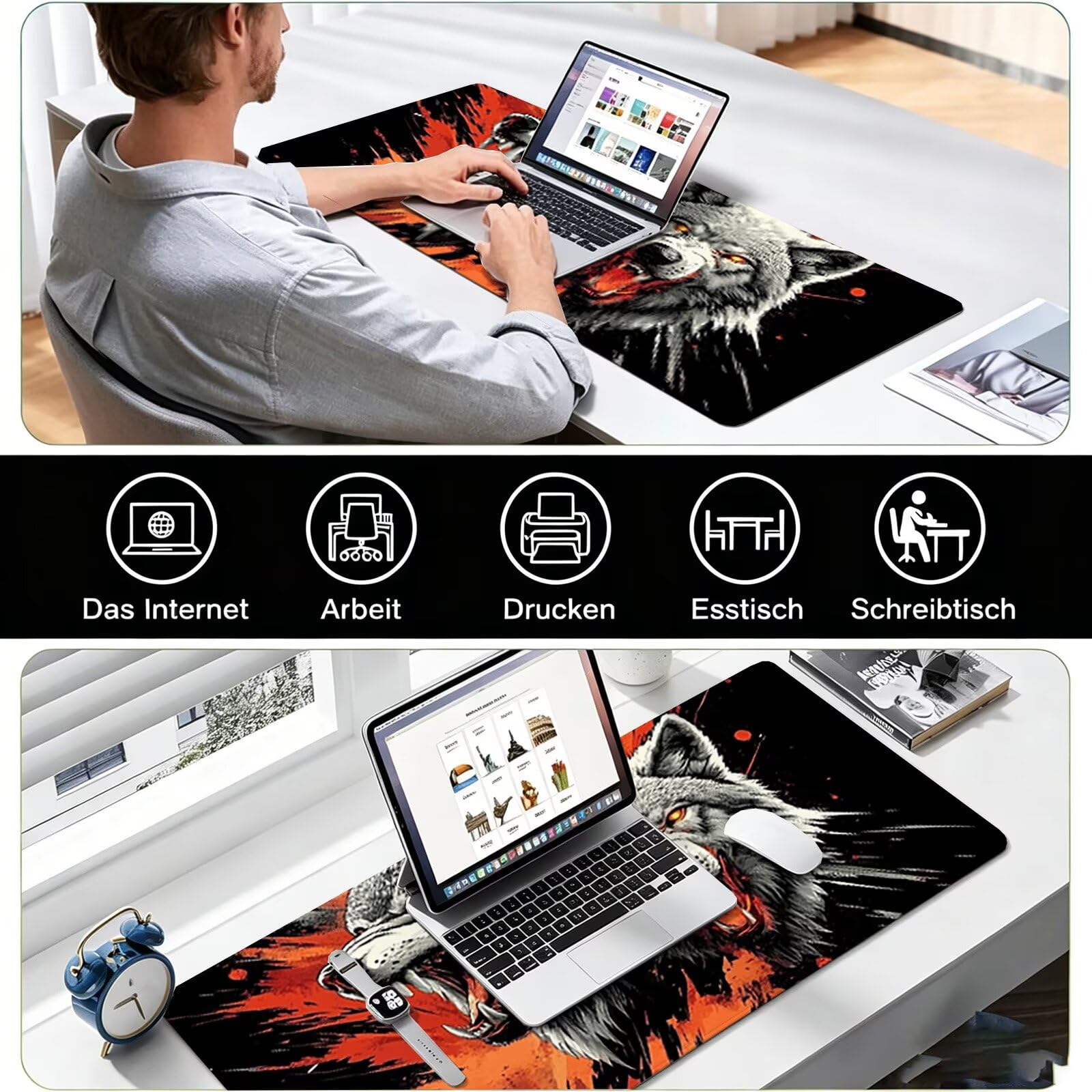 Tappetino Mouse Gaming, 1200x600mm Tappetino Mouse XXL nero 0c0-328 | Mouse Pad Grande, Ottimizzato per i Sensori da Gioco, Migliora Precisione e Velocità, per Mac e PC, lupi (6)