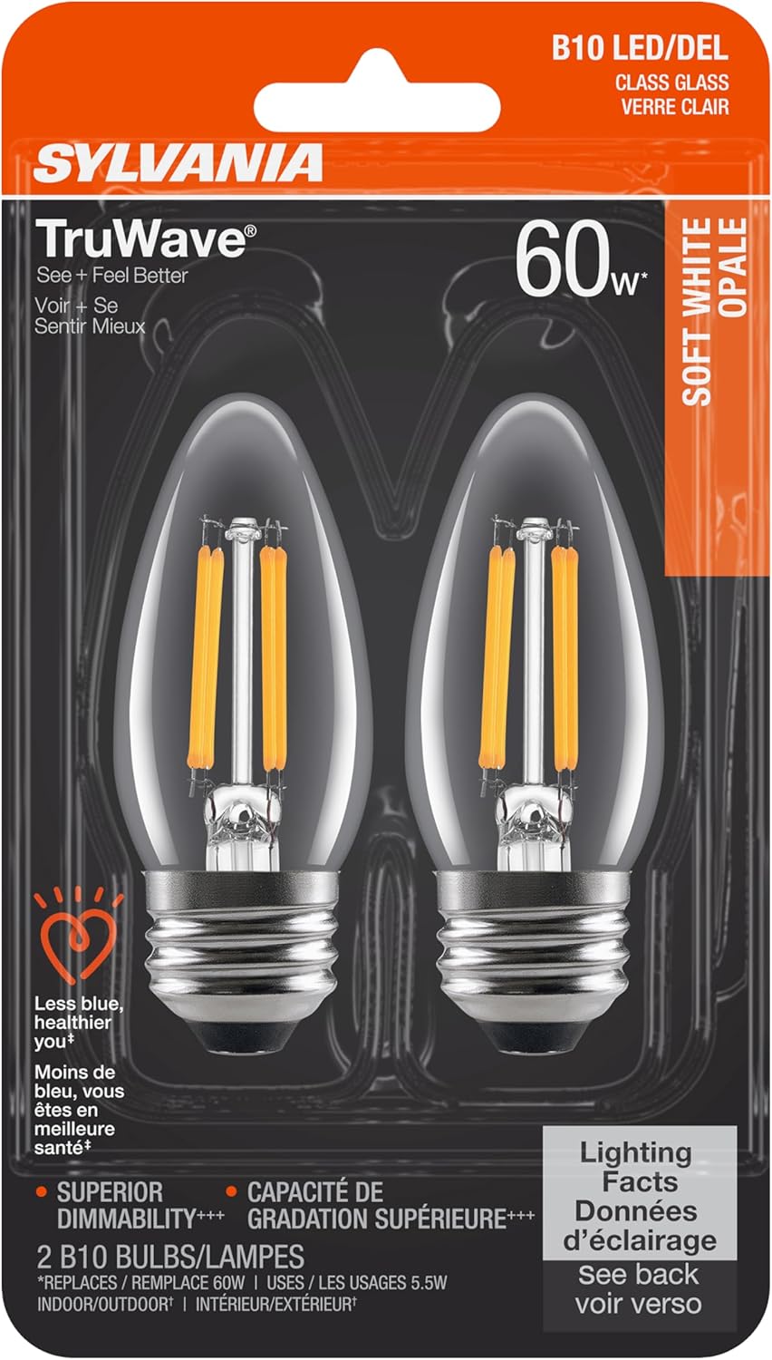 Sylvania LED TruWave Natural Series Candelabra Light Bulb, 60W Soft White Medium Base, Dimmable, Clear, Blunt Tip - 2 Pack