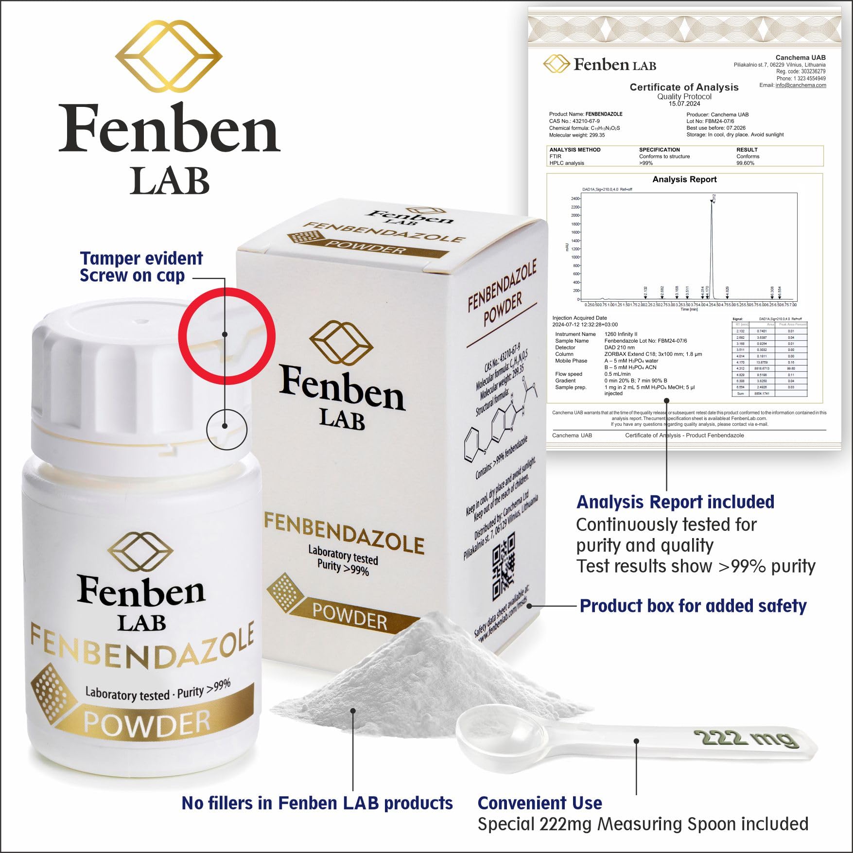 Fenbendazolo 25 g di Polvere,> 99,9% di Purezza, da Fenben Lab, Certificato di Analisi Incluso, Testato in un Laboratorio Certificato, 0,9 once