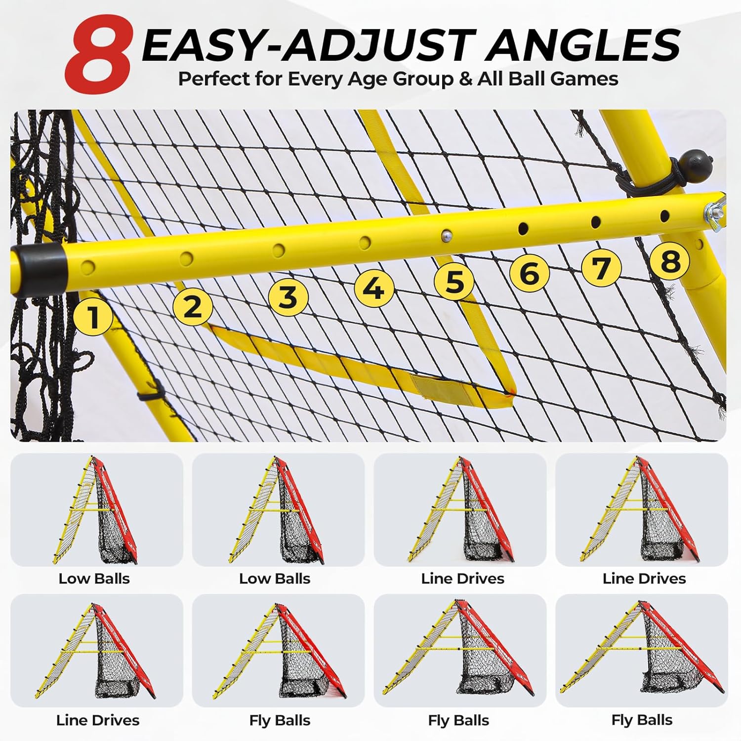 48×49inch Baseball Rebounder Net, 8-Angle Adjustable Baseball Bounce Back Net, 12 Pocket Fielding Trainer for Solo Practice, Multi Function Pitch Back Net for Soccer, Volleyball, Softball