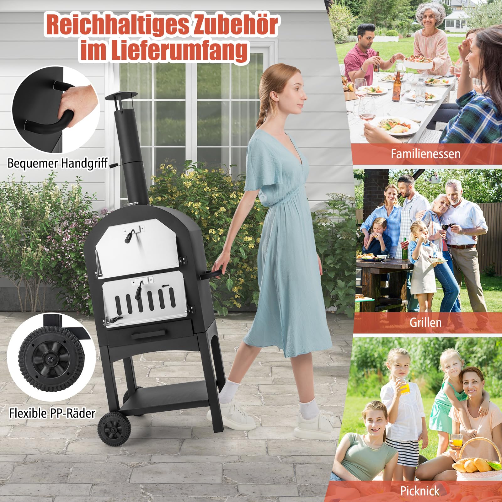 COSTWAY Pizzaofen Outdoor, holzbefeuerter Pizza Ofen mit Thermometer, Griff, Rädern, wasserdichter Abdeckung, Ascheauffangschublade
