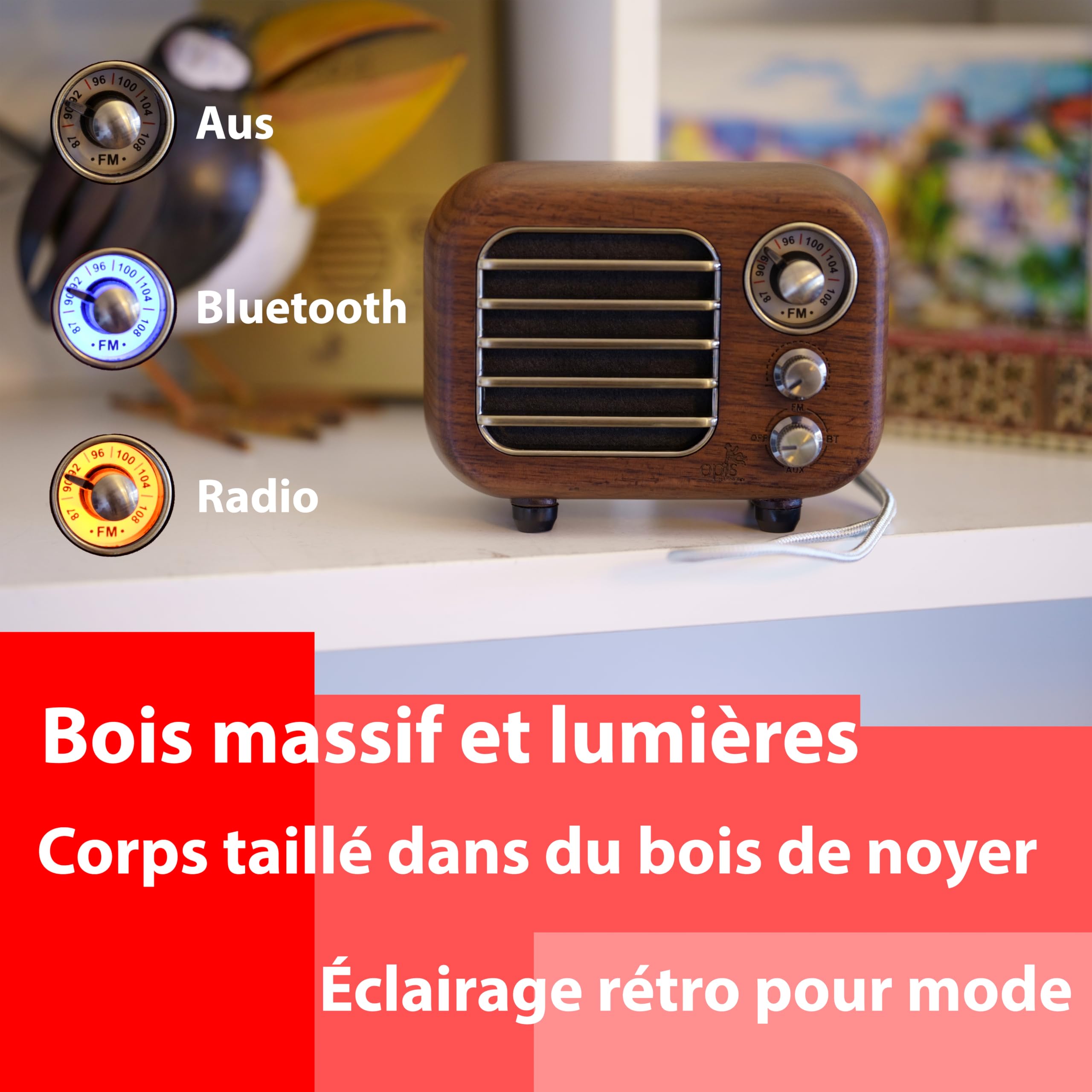 Opis Radio 3 – Petite Radio Portable Rechargeable, dotée de FM et Bluetooth, idéale pour la Maison et Le Chantier, au Style d'un Ancien Poste Radio en Bois (Merisier)