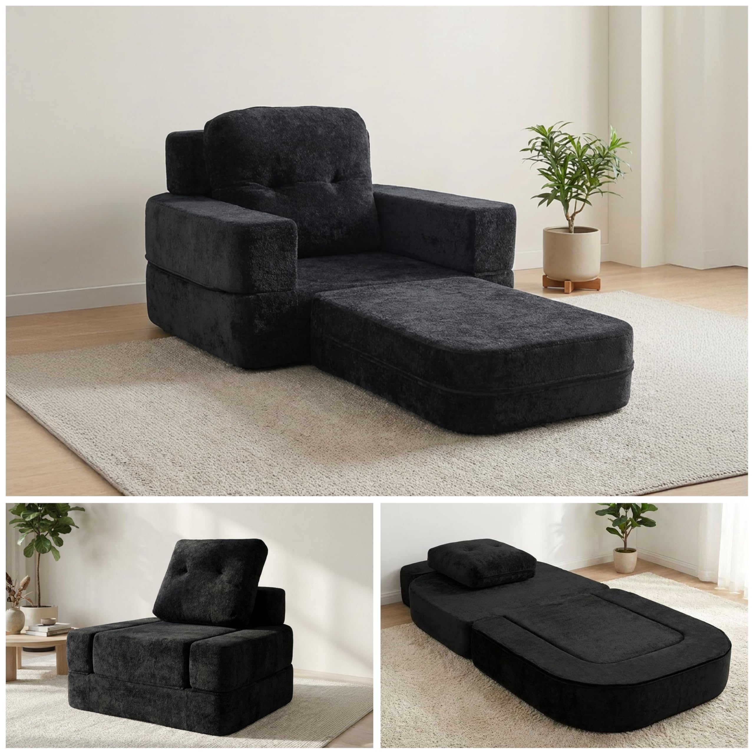 REDEARTH Boneless Floor Sofa Bed Folding 3-in-1 Convertible Couch with Chaise Sleeper Function No Assembly Floor Seating High-Density