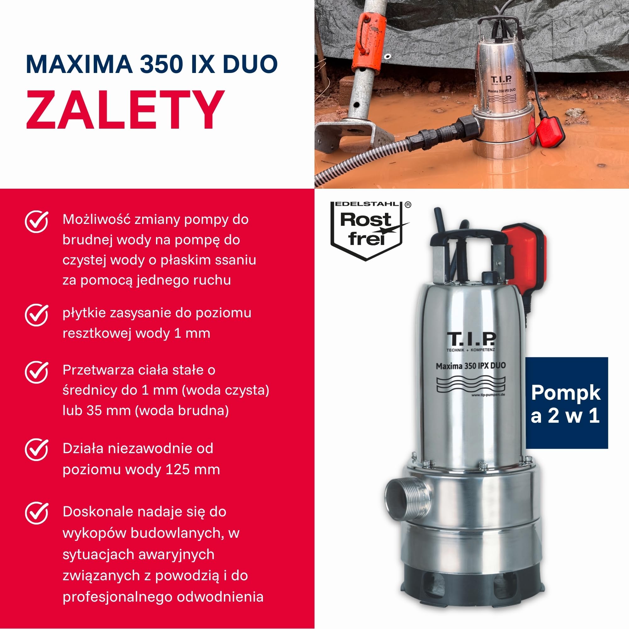 T.I.P. TVX 12000 Pompa Zanurzeniowa do Wody Brudnej + T.I.P. 31008 Wąż Odwadniający do Pomp Zanurzeniowych 10 m