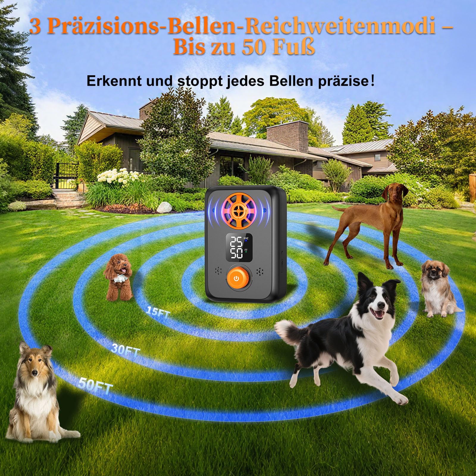 Antibell für Hunde - Ultraschall Antibell Gerät für Hunde mit 5 Frequenzstufen 3 Reichweiten 50 Fuß Reichweite Automatischer Anti Bellen Funktion Ultraschall Hundebell Stopper für Innen Außen