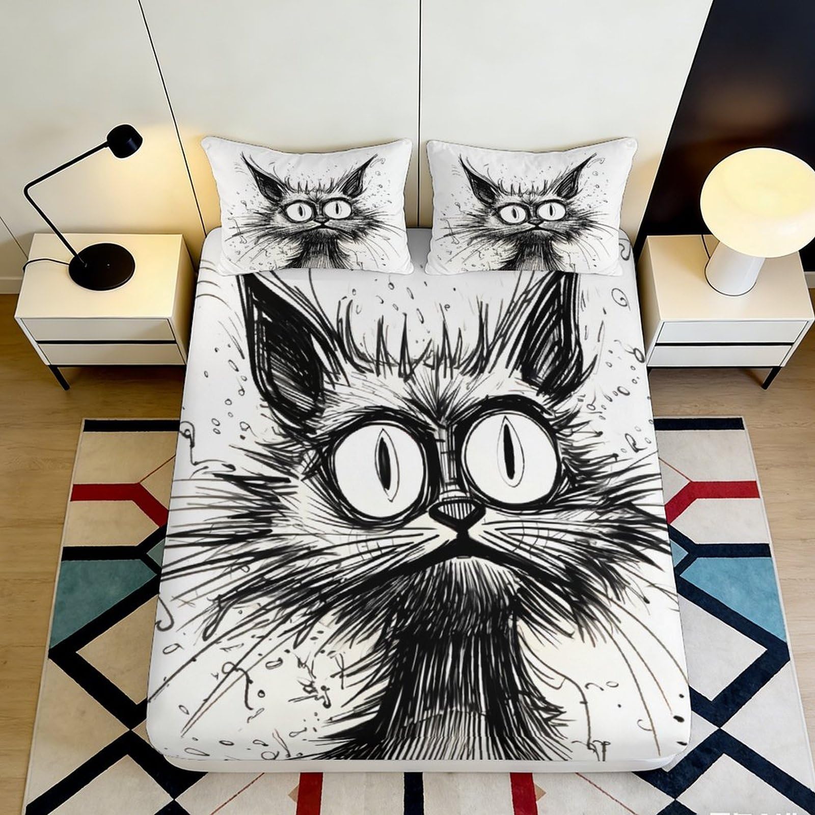 Dhbaneiok Style-9 3D Printed Funny Cat Fitted Sheet Microfiber Soft Breathable Artistic Sketch Bed Cover For Bedroom Dorm Decor 90X200x25cm