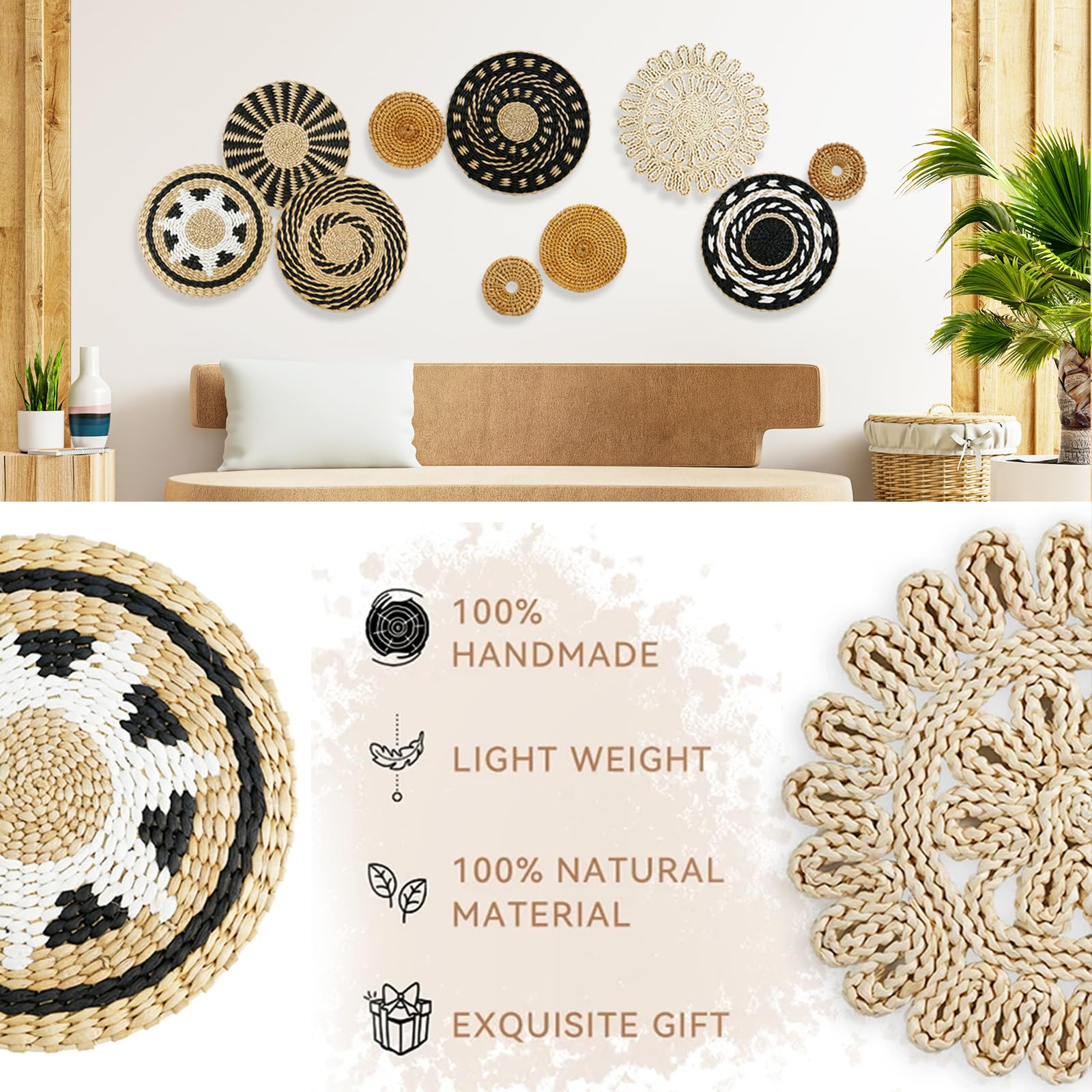 Cestini da Parete 10 Pezzi, Decorazioni per Cestini da Parete Boho Decorativi da Parete in Stile Bohémien Cesti da Parete Intrecciati Decorazioni Da Parete In Rattan Decorazioni Da Casa Parete