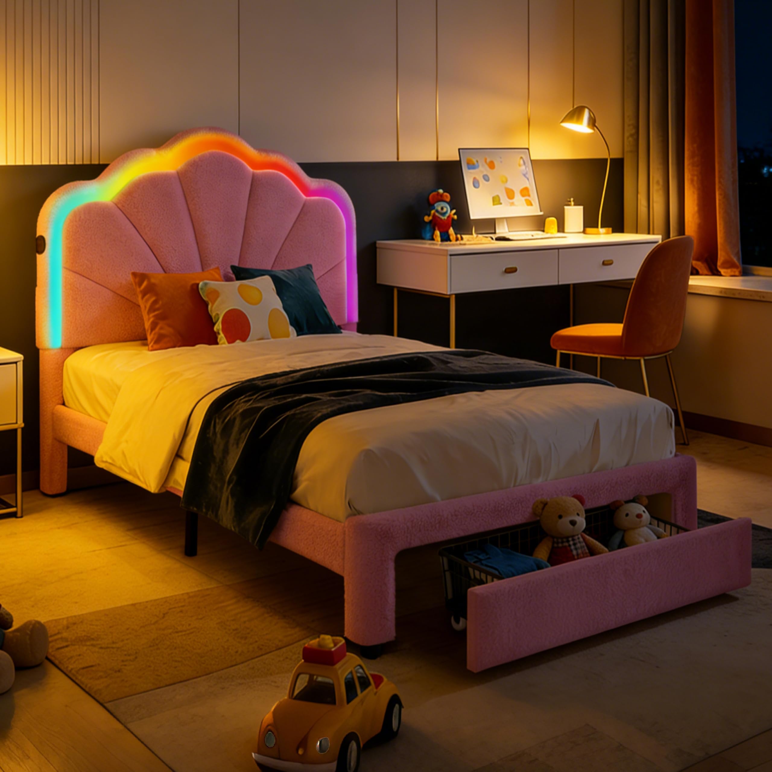 Bettrahmen mit 1 Schublade, 90×200 cm, Teddyvelours, Pink | LED-Beleuchtung, verstellbares Kopfteil, Ladestation, USB & Type-C, gepolstertes Bett, Fußteil-Schublade, Holzlatten