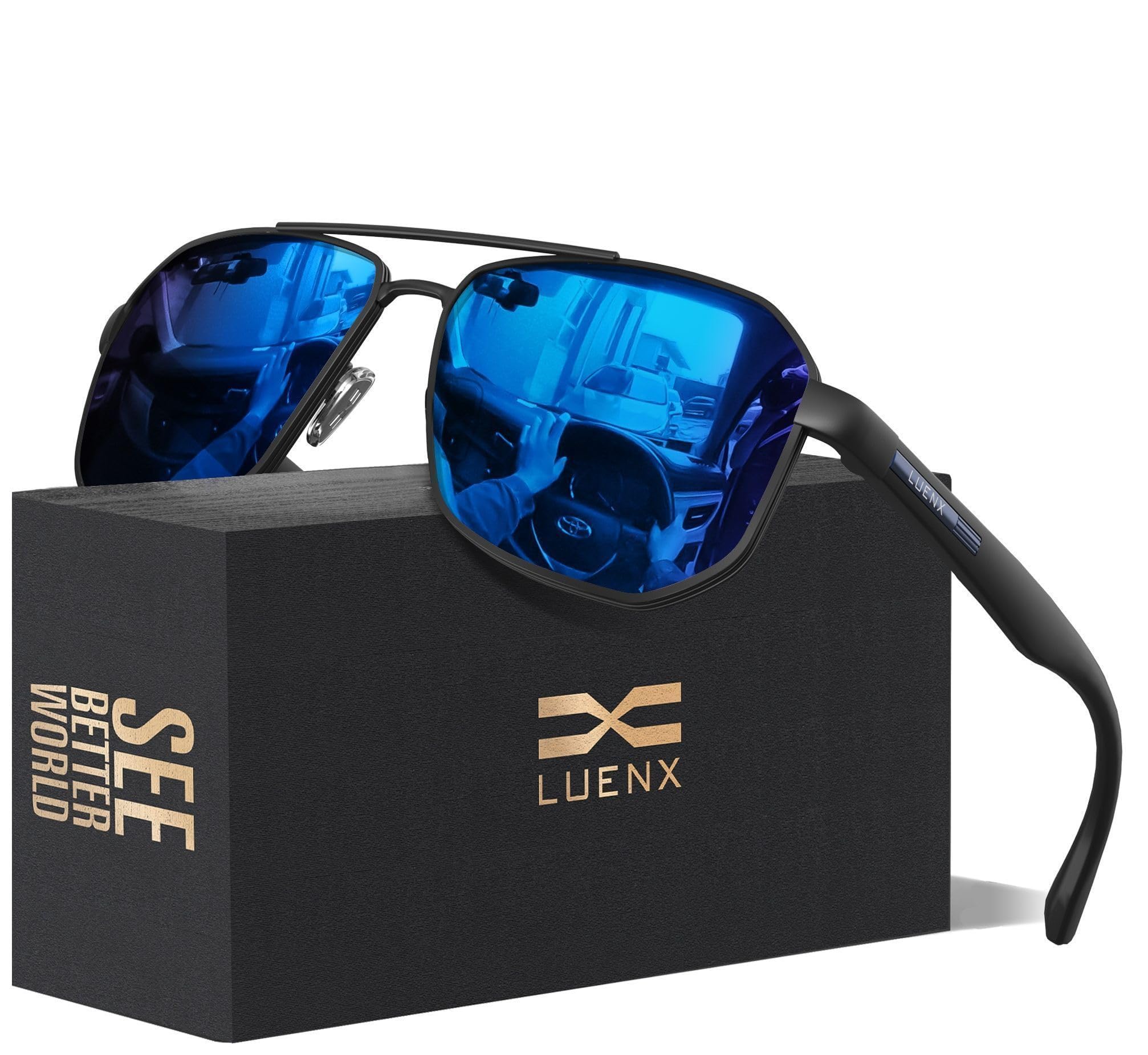 LUENXAviator Sunglasses for Men Square Polarized Polygon Lens - UV 400 Protection with Accessories 61MM Driving Outdoor