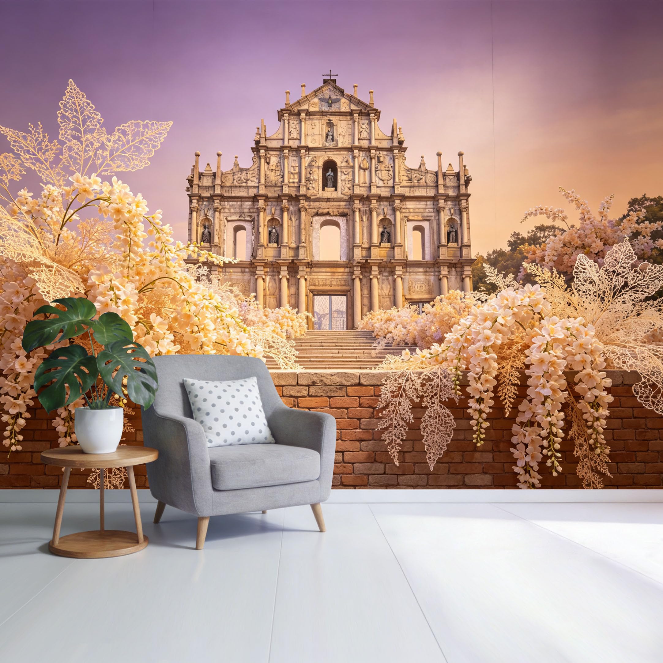 Custom Size Wall Mural Baroque Cathedral Ruins Floral Landscape Sunset Architecture SelfAdhesive Wall Fabric Removable Wallpaper for Home Office Decor