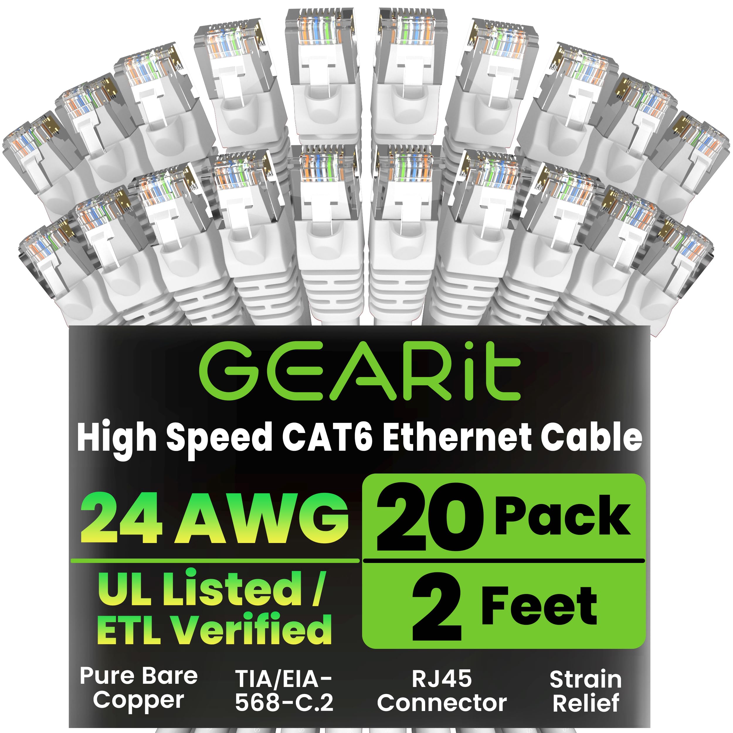 GEARit Cat 6 Ethernet Cable (20-Pack 2 Feet) Cat6 Network Patch, 10Gbps, RJ45, Snagless Cord, Gold-Plated Connectors, Internet for PC, TV, Tablet,