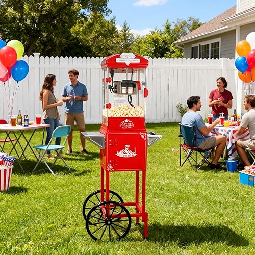 Miniatura 8 de Máquina de palomitas de maíz de 10 onzas con carrito, ruedas y hervidor de acero inoxidable, estilo vintage, máquina para hacer palomitas de maíz