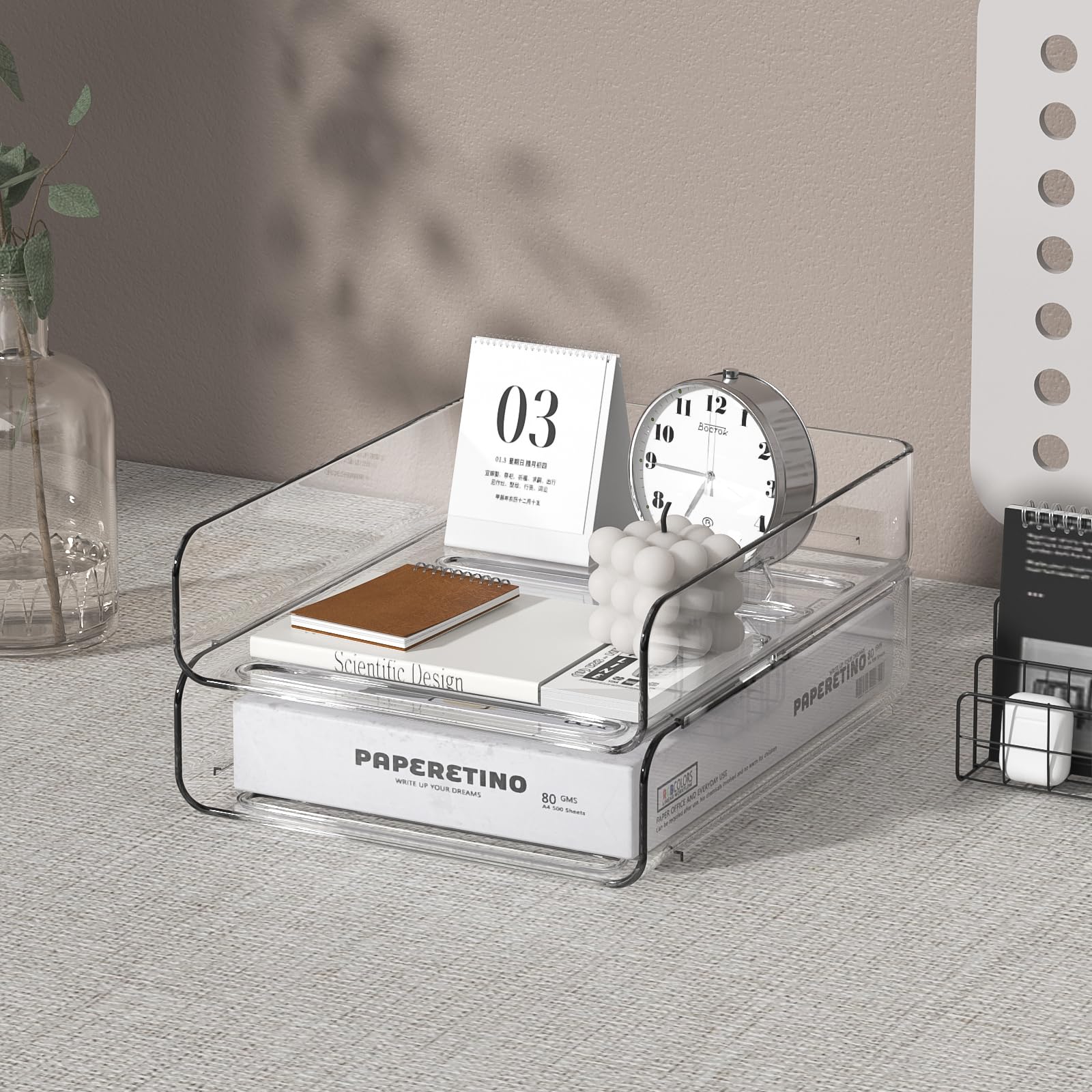 FANXIYQ 2-Tier Acrylic Paper Tray Organizer - Low-Profile Desk File Sorter for Office/Home, Clear Stackable Letter Tray for Bills, Crafts, Notebooks