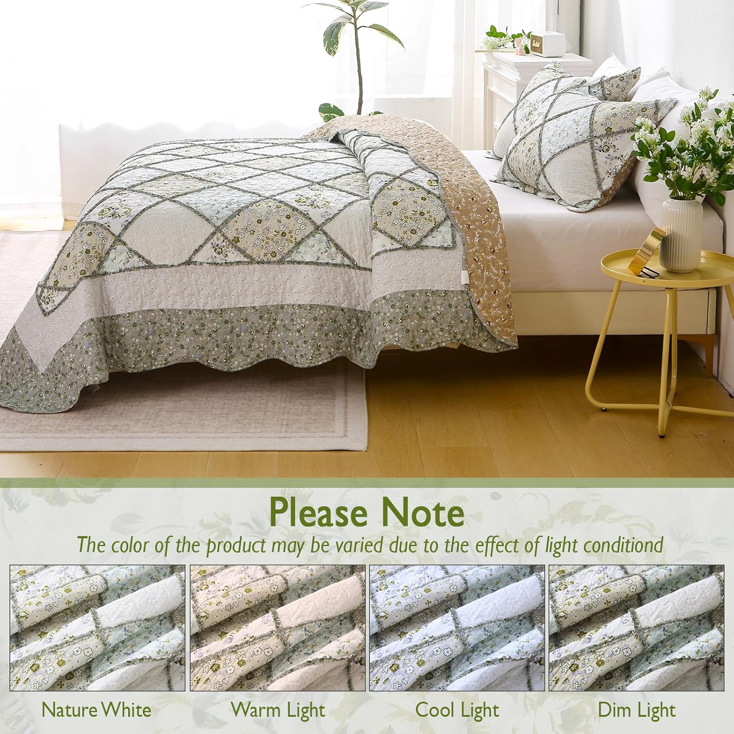 Patchwork Quilt Set Queen Size, 3 Pieces Floral Plaid Bedspreads Coverlet, Soft Microfiber Lightweight Bedding Set for All Season,Gray Green - Image 7