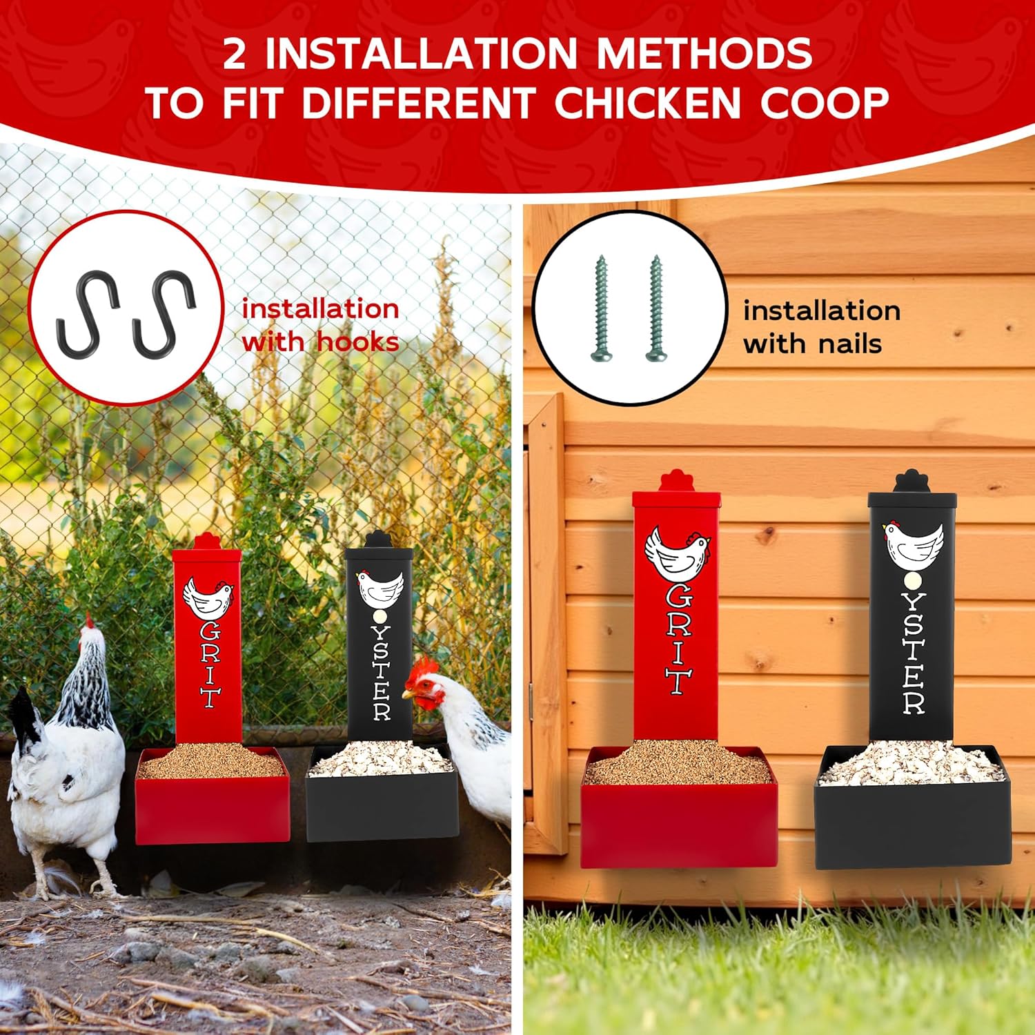 Chicken Grit and Oyster Shell Feeder Combo, Metal Hanging Gravity Poultry Feeders with Drain Holes, 4.5lb Capacity, Coop Accessories Supplies for Chickens, Ducks, Geese