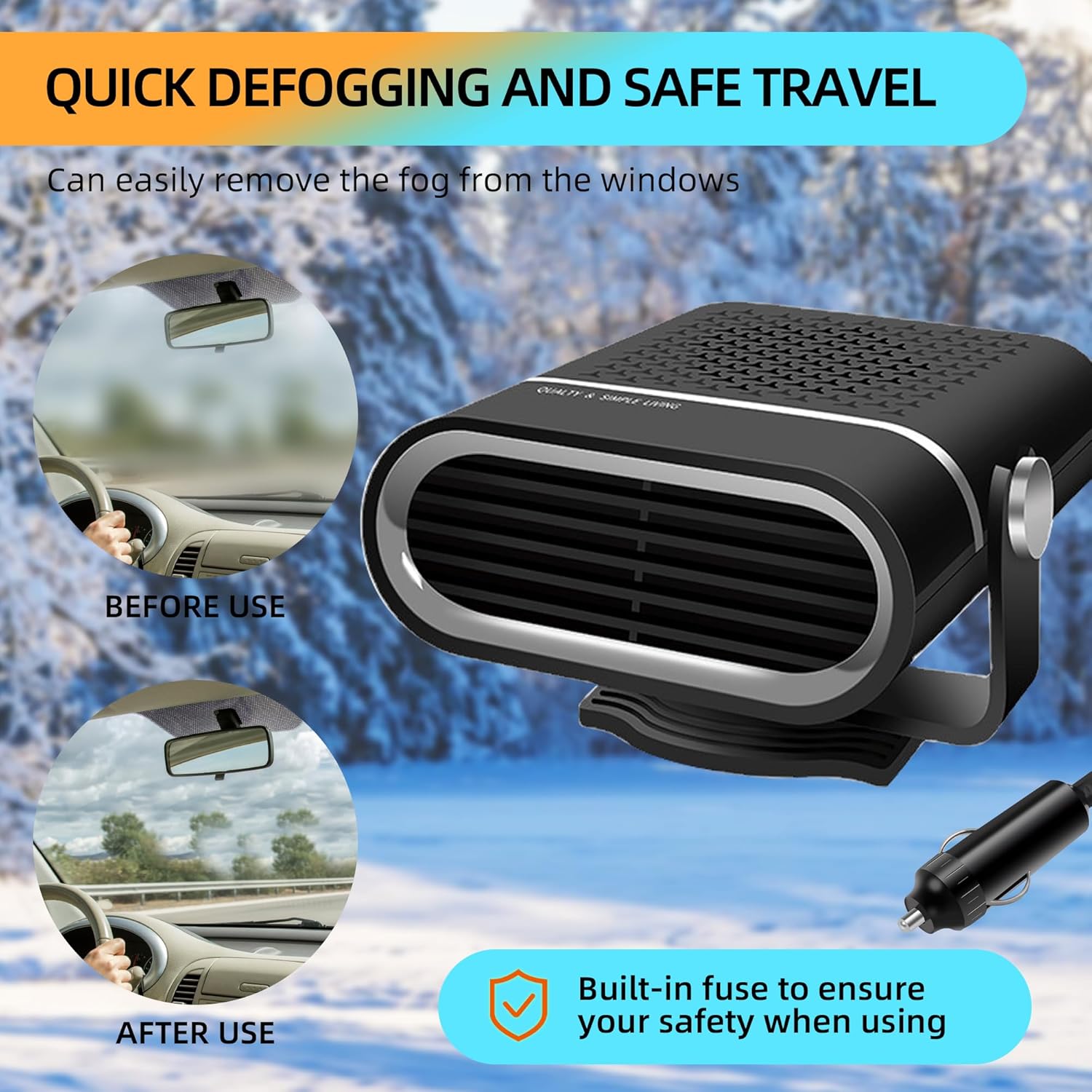 【2025 NEW】Portable Car Heater,2 in 1 Auto Car Heater, Fast Heating Defrost Defogger Cooling Car 12V Lighter Heater 60 Second Plug in Car Cig Lighter Demister, Car Fan Windshield Defroster (QH-Y120)