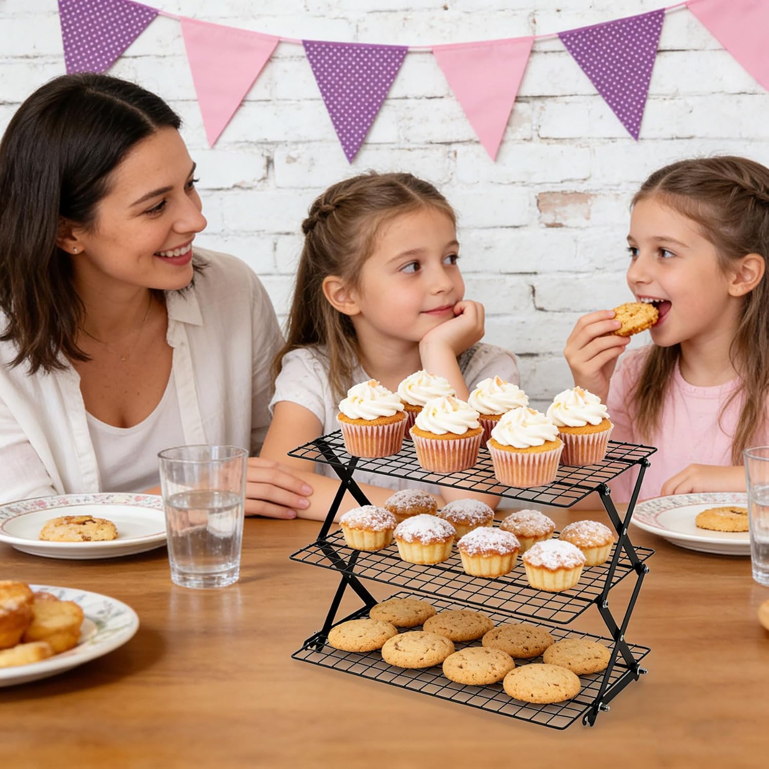 3-Tier Collapsible Cooling Rack with 3-Setting Design, Heavy-Duty Steel Baking Rack for Oven Safe Cooking & Space-Saving Storage