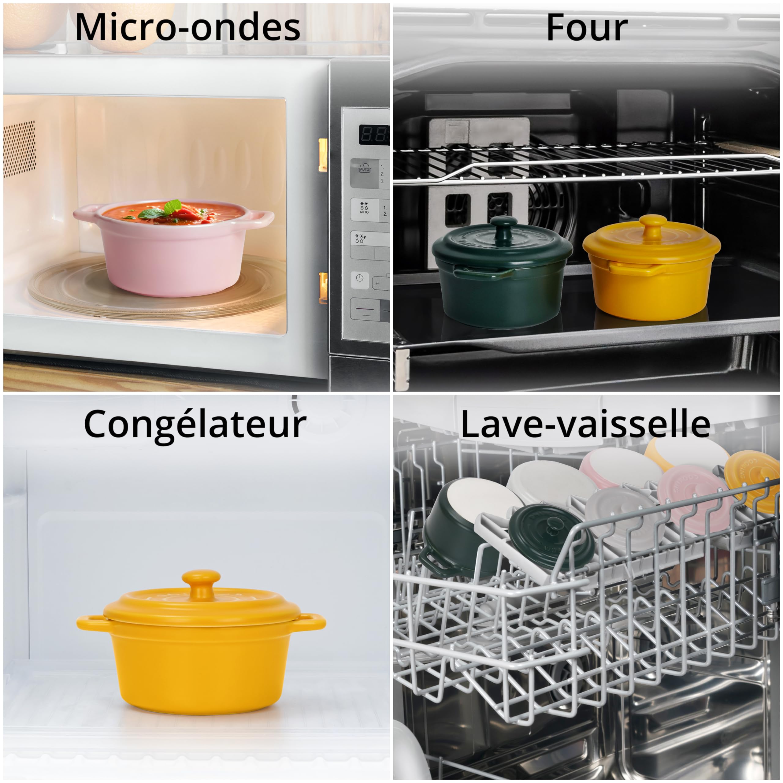 Winter Shore Mini Cocotte Individuelle de 270 ml en Porcelaine avec Couvercles & Poignées [Lot de 4] - Ramequin Four Empilable - Adaptés aux Micro-ondes, Congélateur & Lave-vaisselle - 4 Couleurs