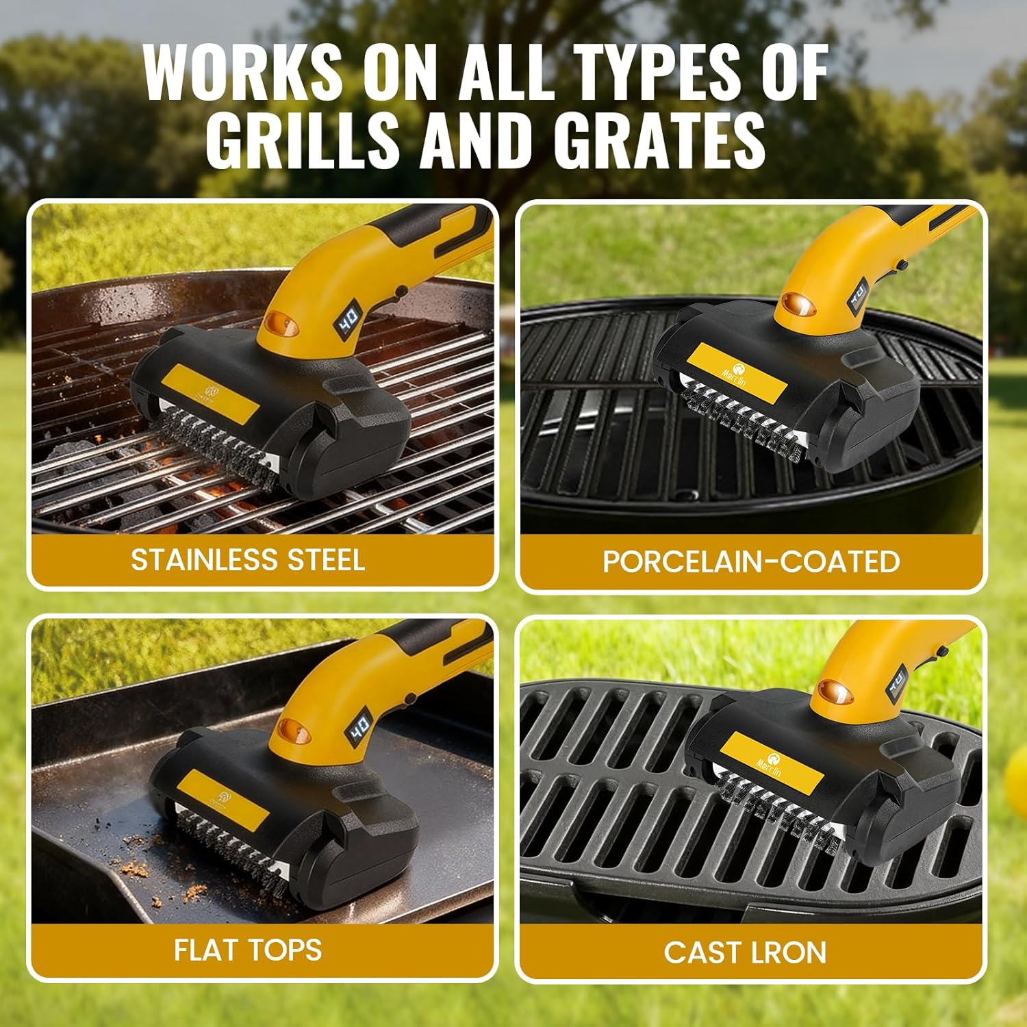 Electric Grill Brush, Grill Cleaner with LED Light & Battery Power Display, 350 RPM Shed-Free Steel Bristles, Removable Brush Head, Cordless & Type-C Rechargeable Grill Scraper for Outdoor BBQ