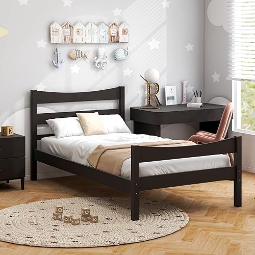 Miniatura 9 de Giantex - Marcos de cama individual de madera con cabecero, cama moderna con plataforma y soporte de listones de madera, espacio de almacenamiento