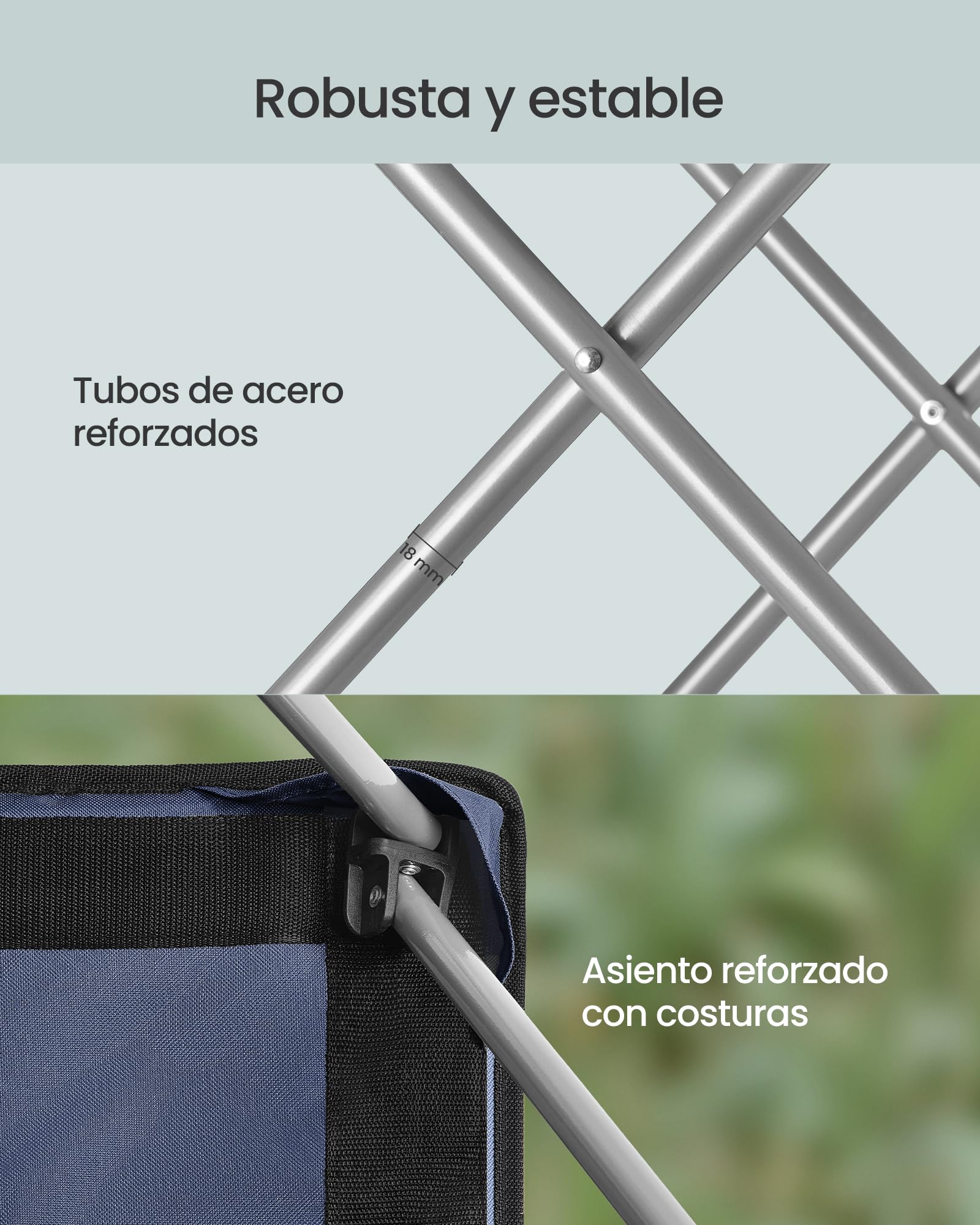 SONGMICS Silla de Camping, Silla Plegable y Portátil con Asiento Amplio, Respaldo Alto, con Portavasos, Soporte para Móvil, Organizador de Tela, Azul y Gris GCB005QE01
