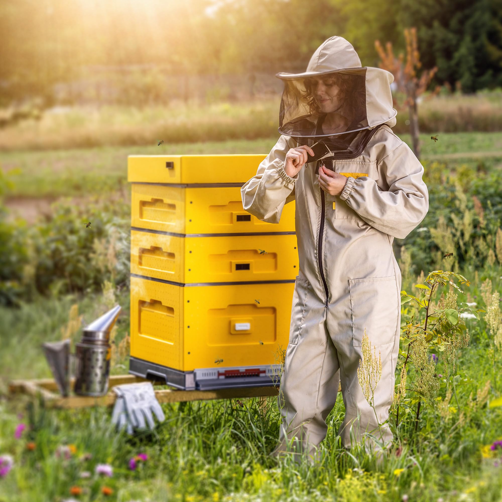 KADAX Imkeranzug mit Hut und Schleier, Größe L, Schutzanzug aus Polyester und Baumwolle, Bienenschutzanzug, Imker Anzug mit Imkerhut, Ganzkörper Schutzkleidung