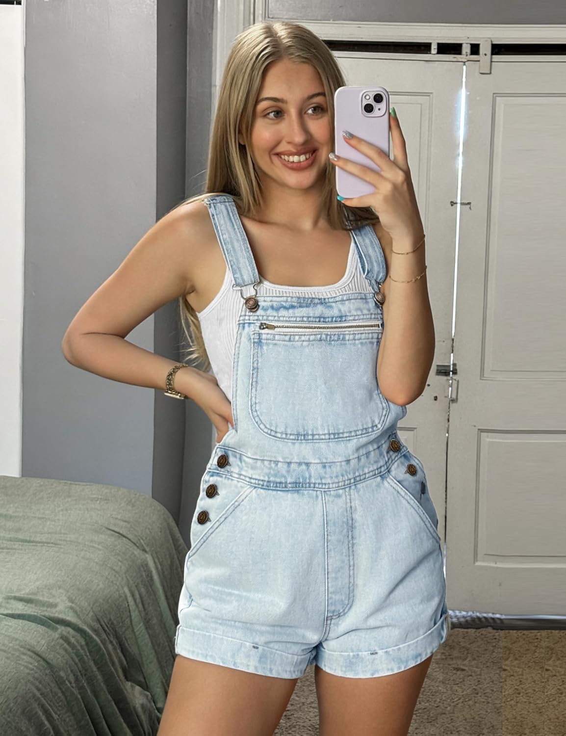POLITI Denim Overall Shorts for Women, Adjustable Straps Bib Stretchy Jean Shortalls with Zipper Pockets Summer Casual