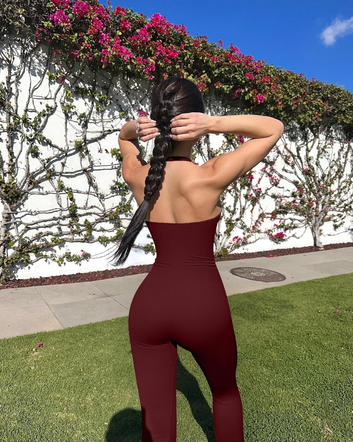 OQQ Jumpsuits for Women Fall Winter Halterneck Sleeveless Lace-Trim Flared Jumpsuit - Image 5