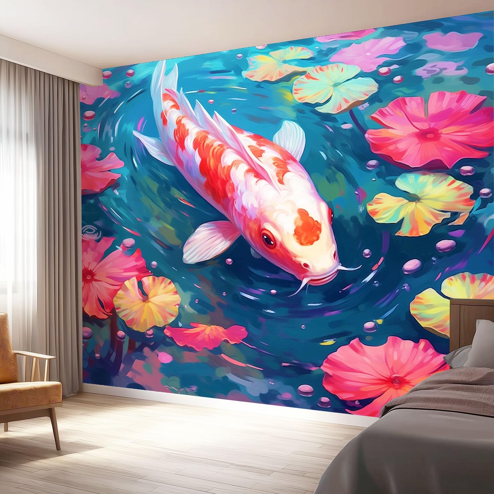 Tapeta z motywem 250 x 175 cm, ryba po chińskim stylu, tapeta z motywem lotosu do pokoju dziecięcego i kącika do majsterkowania, czerwono-zielona