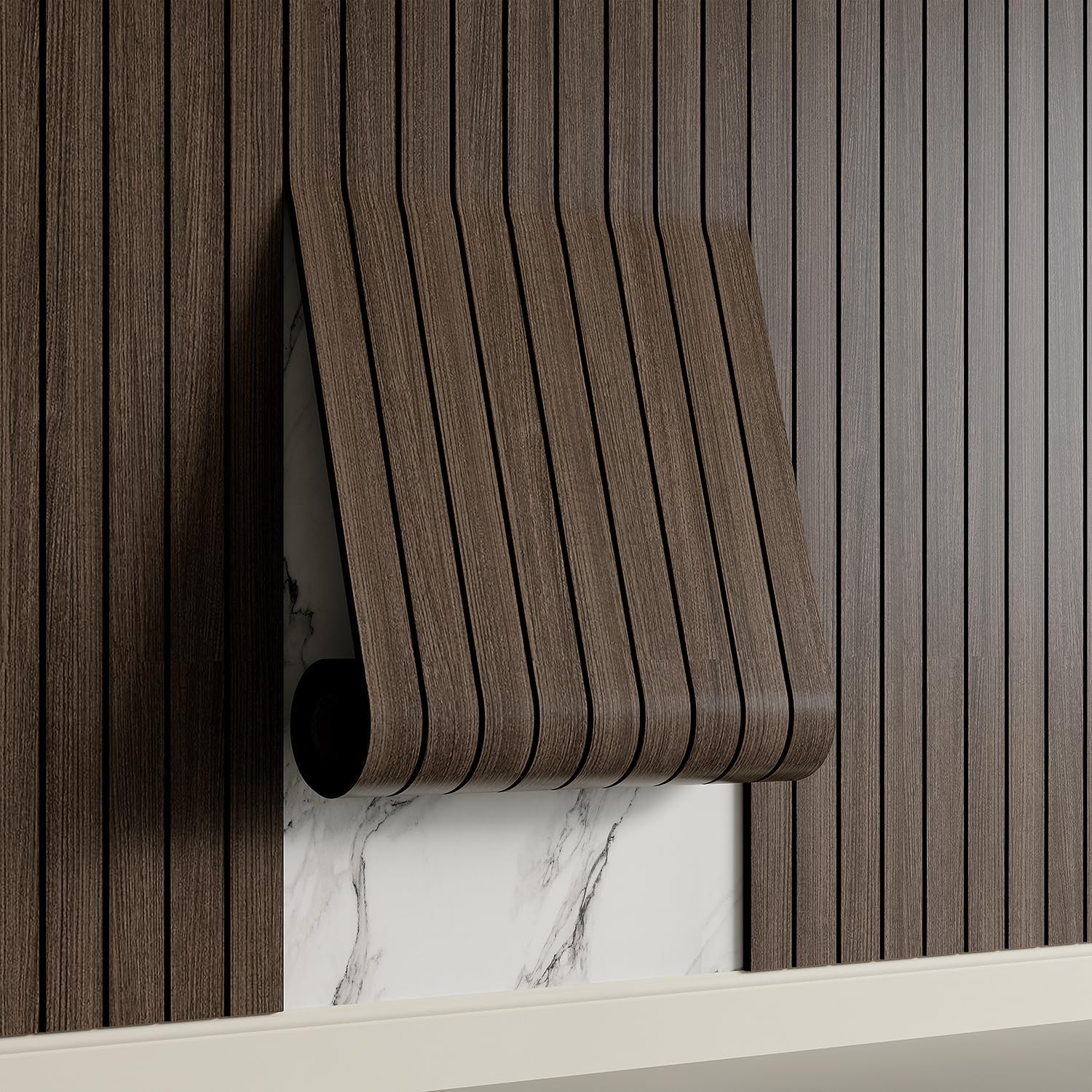 Yutianli PVC Slat Wall Panel Peel and Stick 236"x 15.7" Faux Wood Slat Panel Artificial Smoked Wood Grain Self-Adhesive Soundproof 3D Wall Panel for Walls and Ceilings