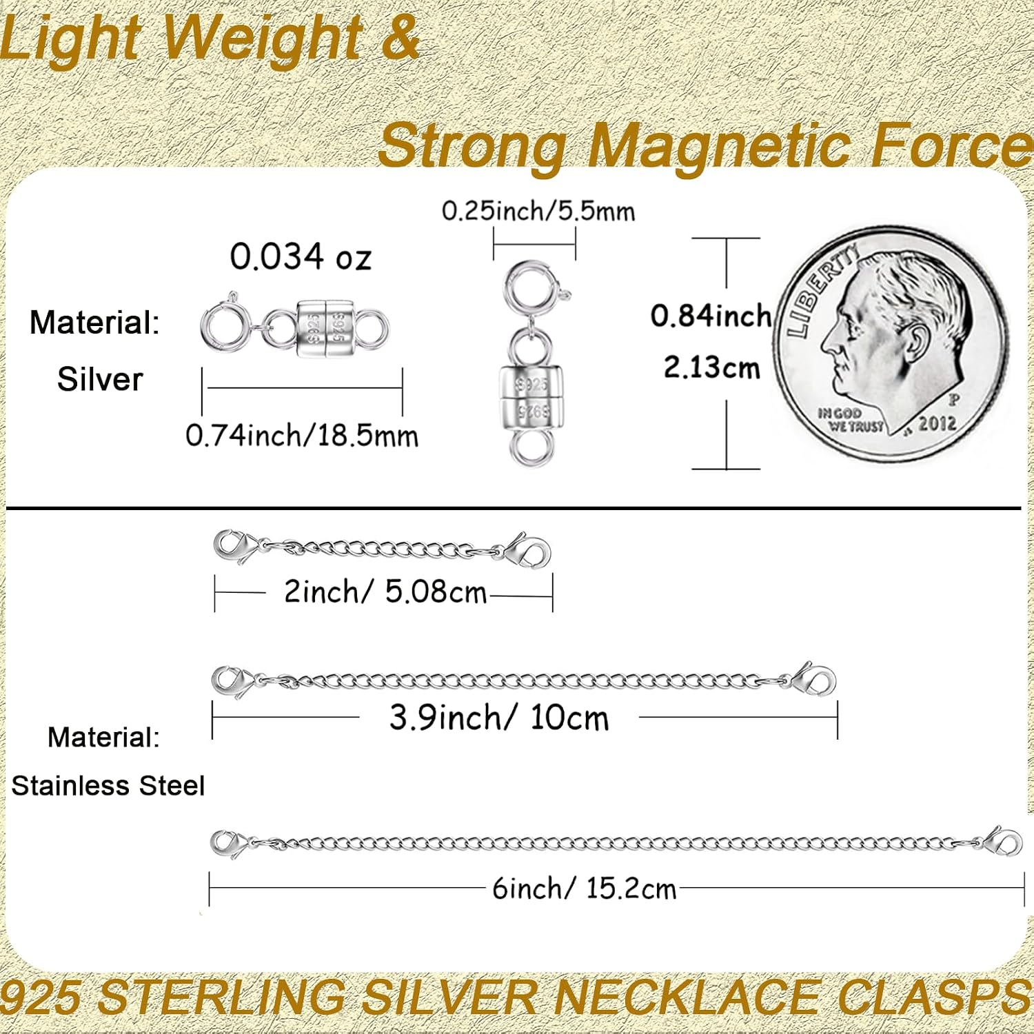 925 Sterling Silver Magnetic Necklace Clasps Closures (1 Piece) and Stainless Steel Necklace Extender Chains (3 PCS), Magnetic Jewelry Clasps for Necklaces Bracelet and Jewelry Making Supplies